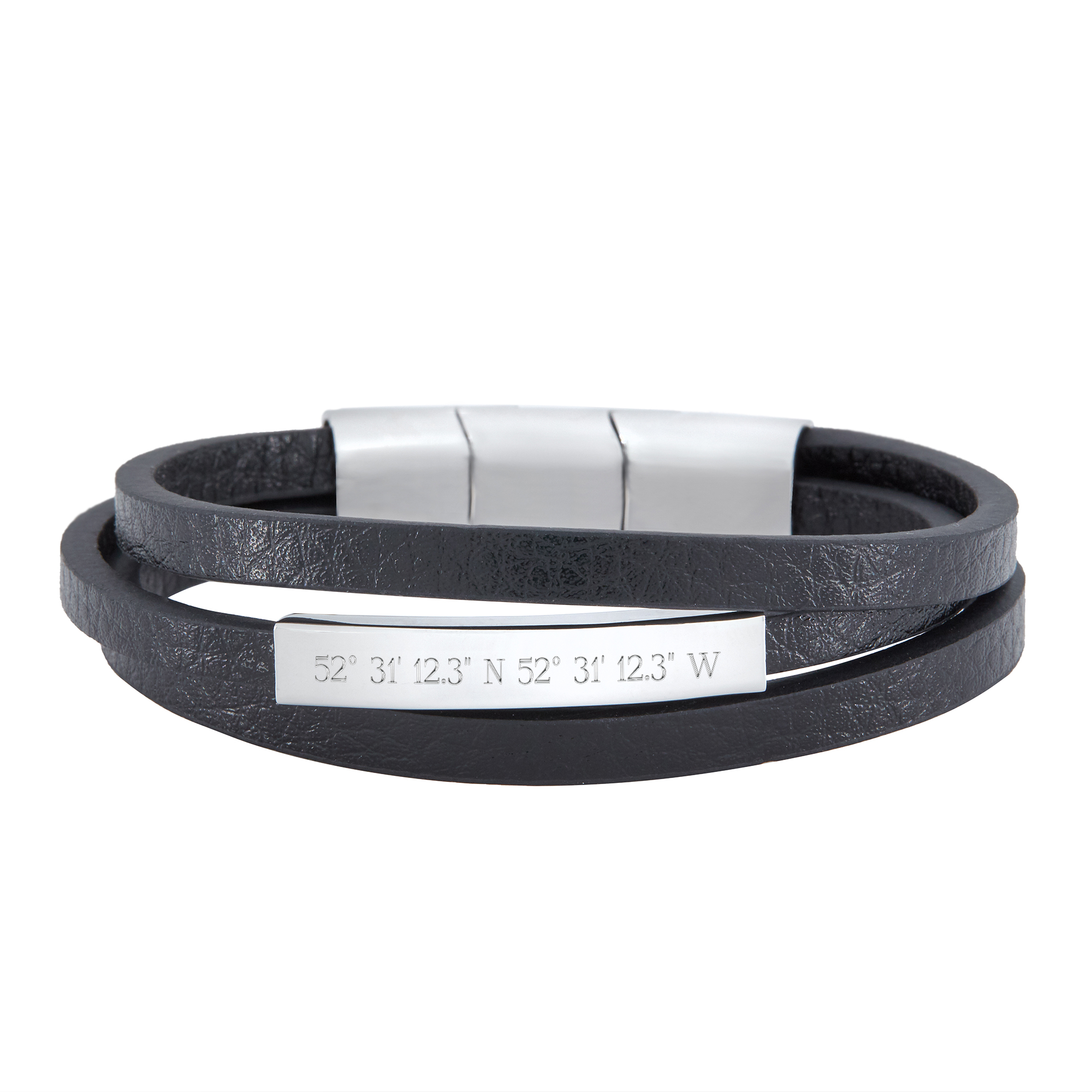 Herrenarmband mit Gravur - schwarzes Lederarmband mit Geokoordinaten Herrenarmband mit Gravur - schwarzes Lederarmband mit Geokoordinaten