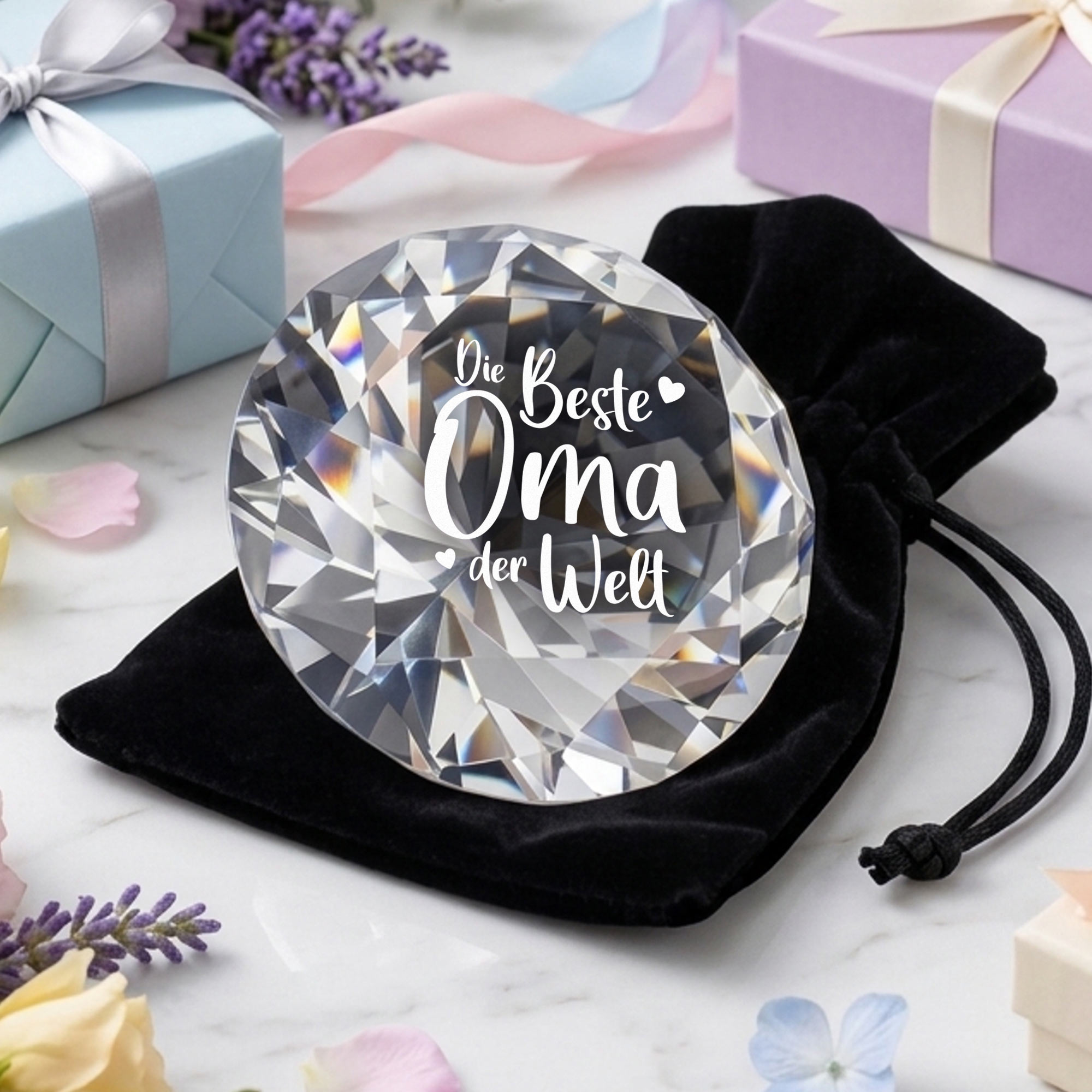 Diamant Kristall mit Gravur und Samtsäckchen - Beste Oma