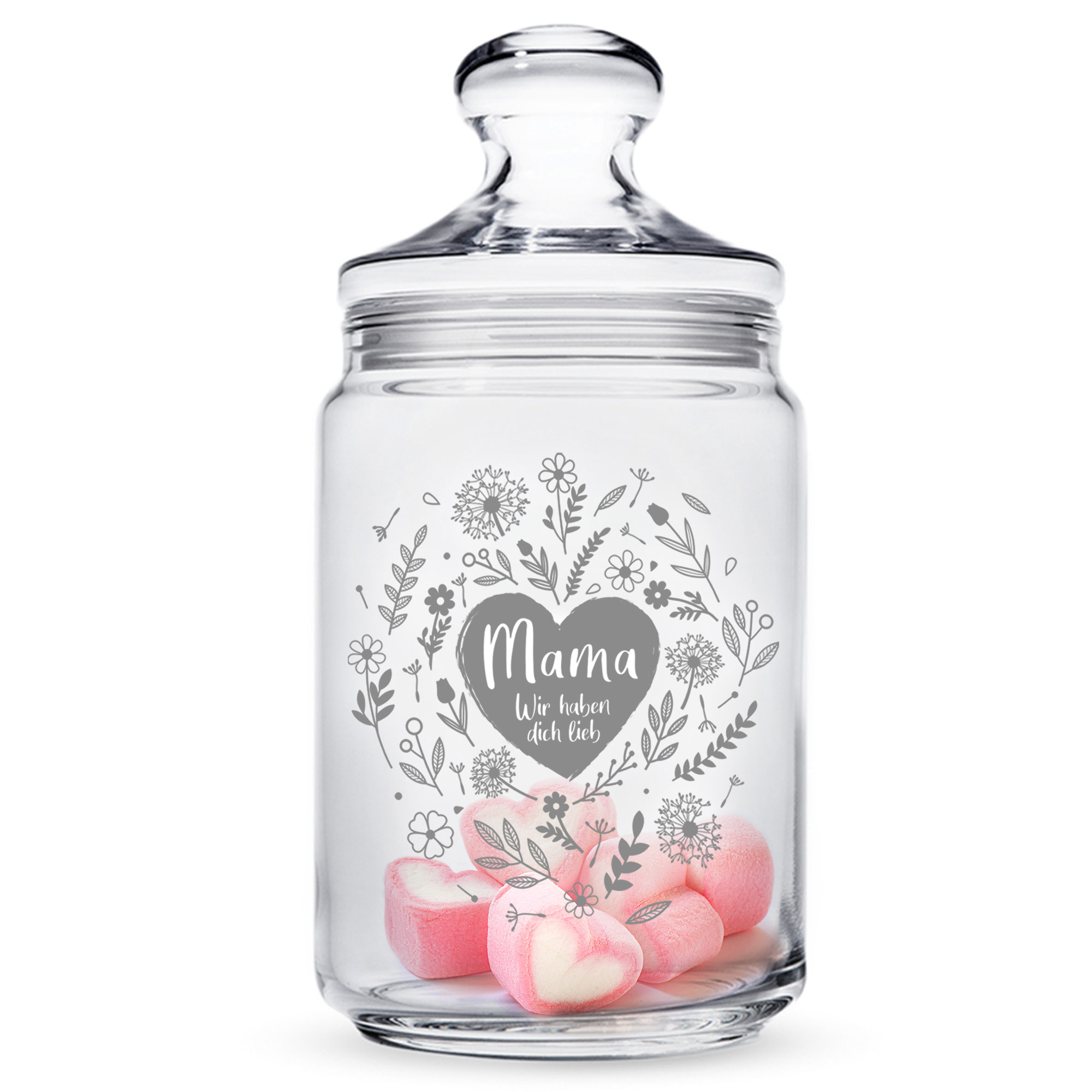 Bonboniere als Muttertagsgeschenk, Vorratsglas mit Blumenherz Motiv, Aufbewahrungsglas mit luftdichtem Verschluss, Süßigkeiten Glas mit Gravur