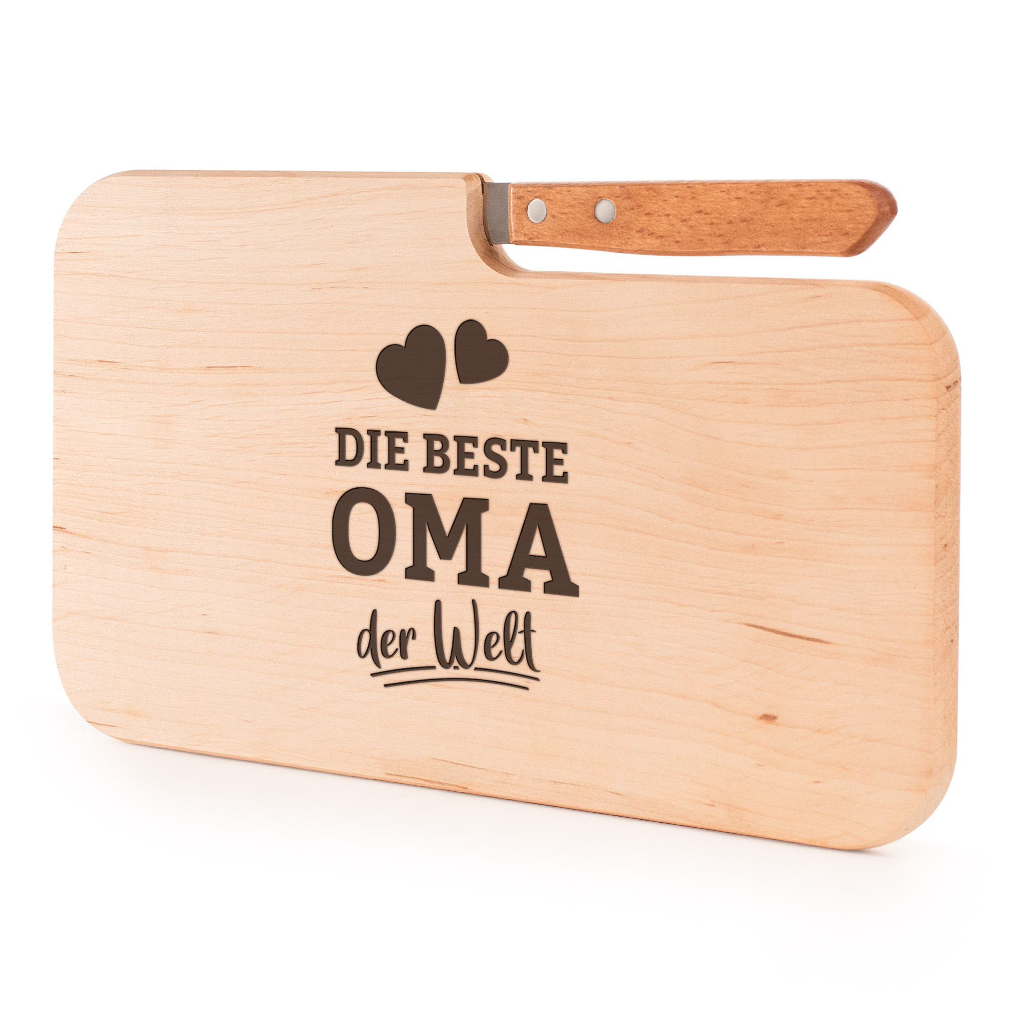 Holz Schneideblock mit Gravur, Servierbrett mit integriertem Messer, Holzbrett für die Küche, Küchenbrett als Geschenk für Oma