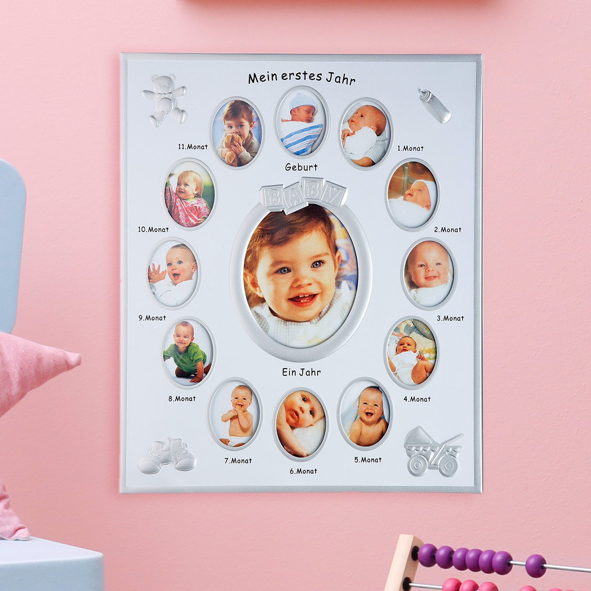 Baby Fotorahmen - Mein erstes Jahr Collage Bilderrahmen für Babybilder, Baby Galerie als Andenken, First Year Rahmen als Geschenk zur Geburt, Geburtstagsgeschenk für Einjährige