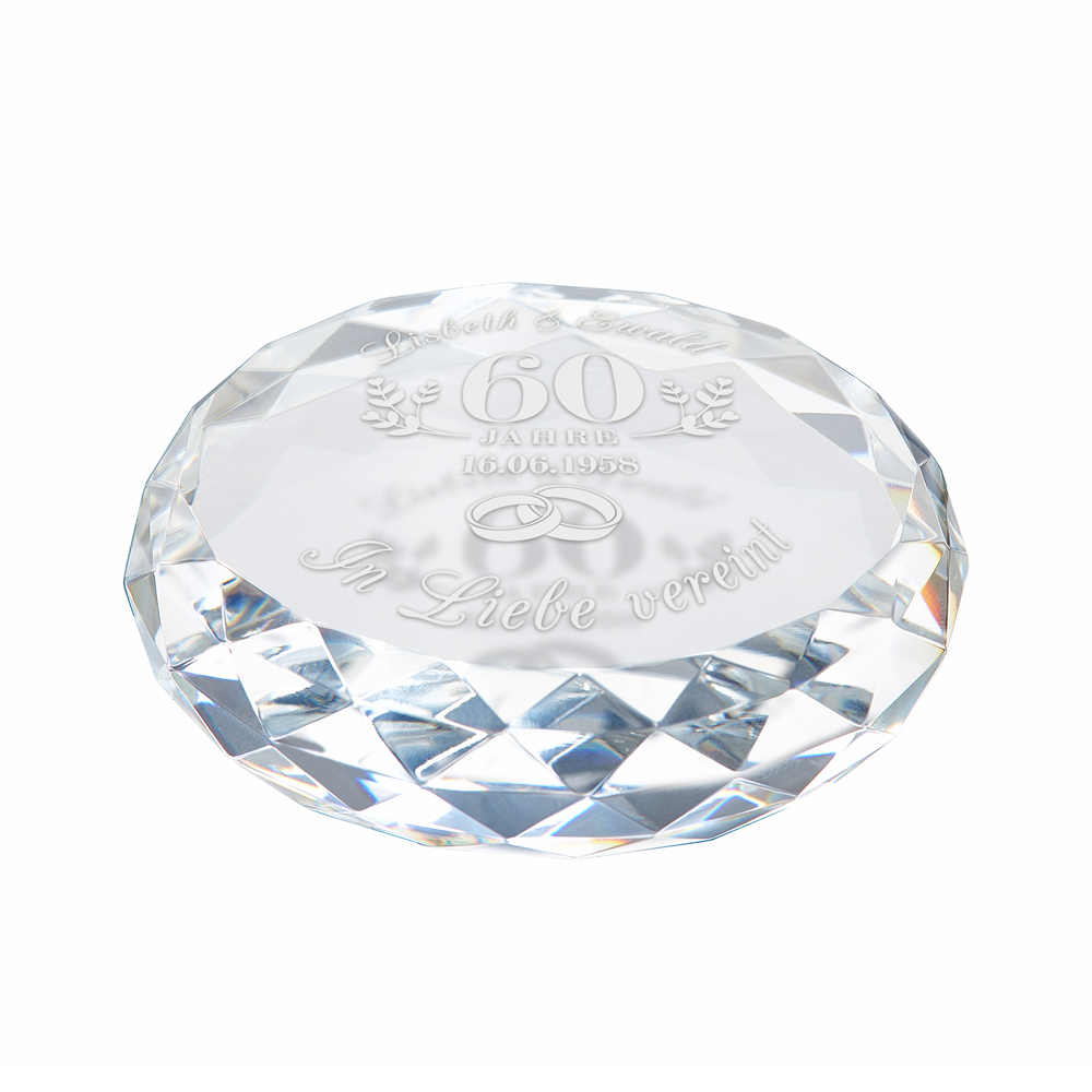 Runder Kristall aus Glas mit Gravur zur Diamantenen Hochzeit