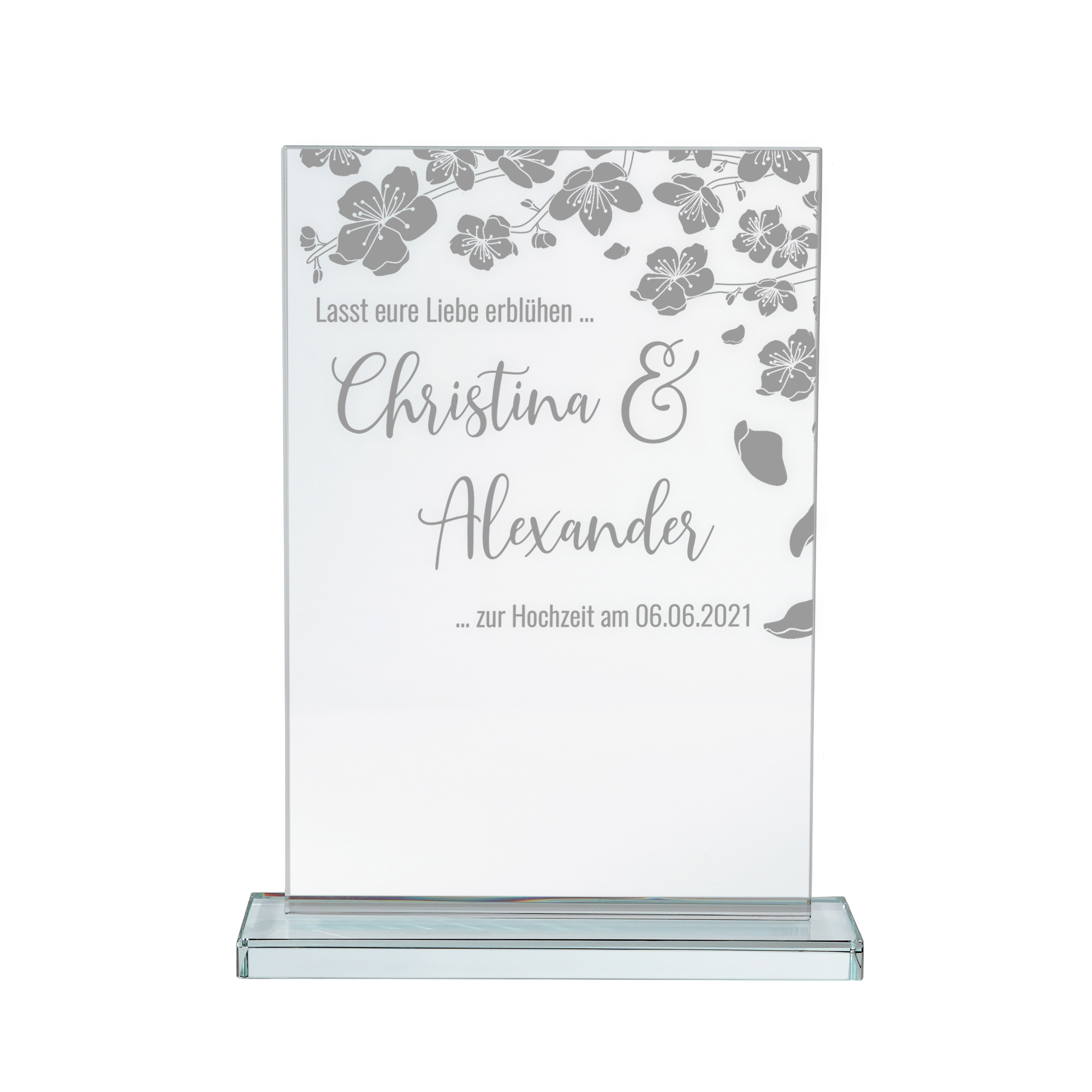 Glaspokal mit Gravur zur Hochzeit, personalisierte Glastrophäe mit Namen und Hochzeitsdatum, Pokal aus Glas, gravierte Auszeichnung und Hochzeitsdeko