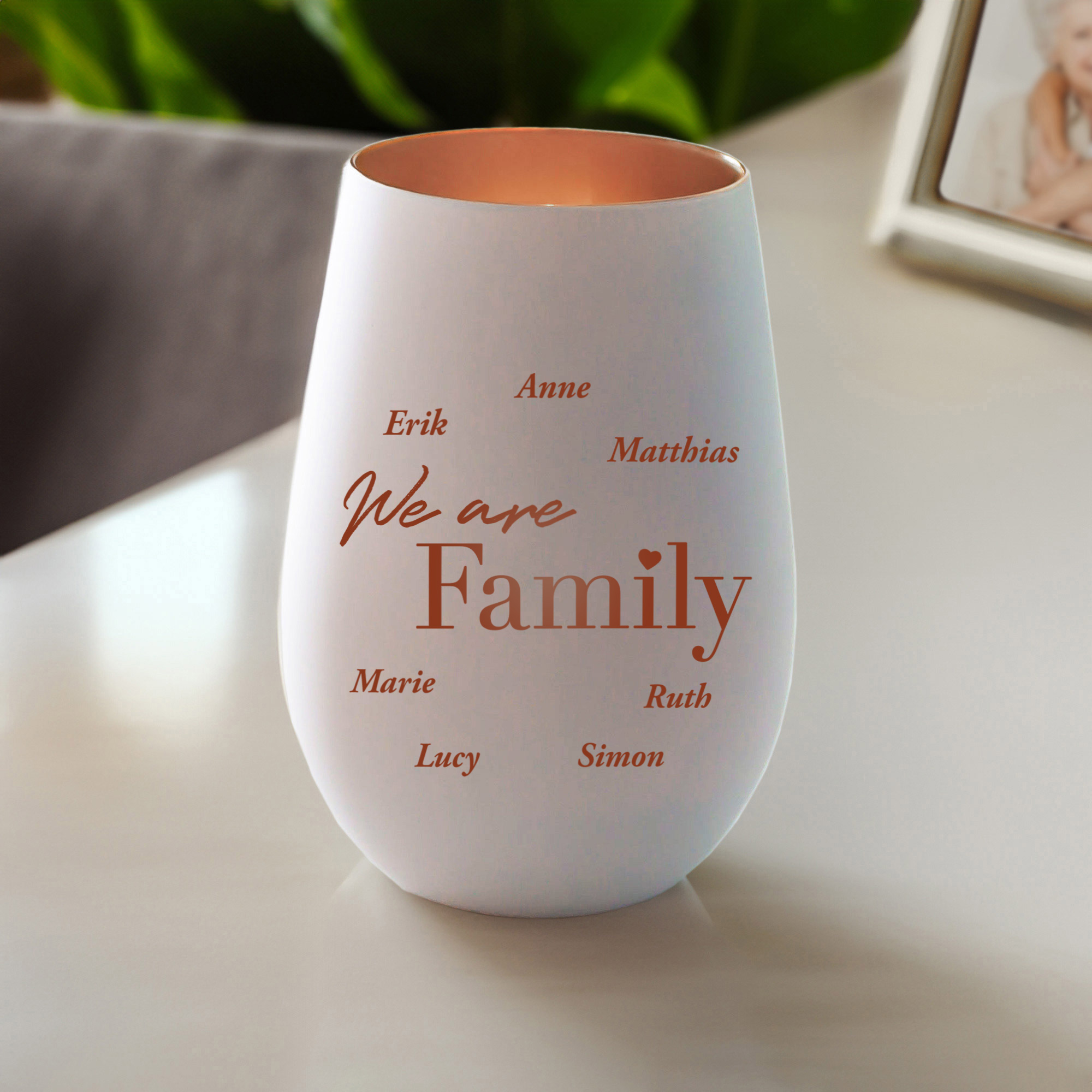 Weißes Windlicht mit Gravur Family - Bronze