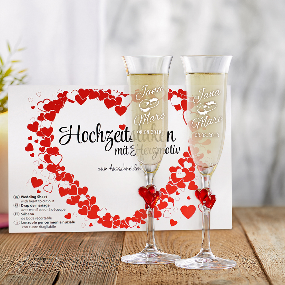 Hochzeitsset - 2 Sektgläser mit Hochzeitsgravur mit roten Herzen und Hochzeitslaken
