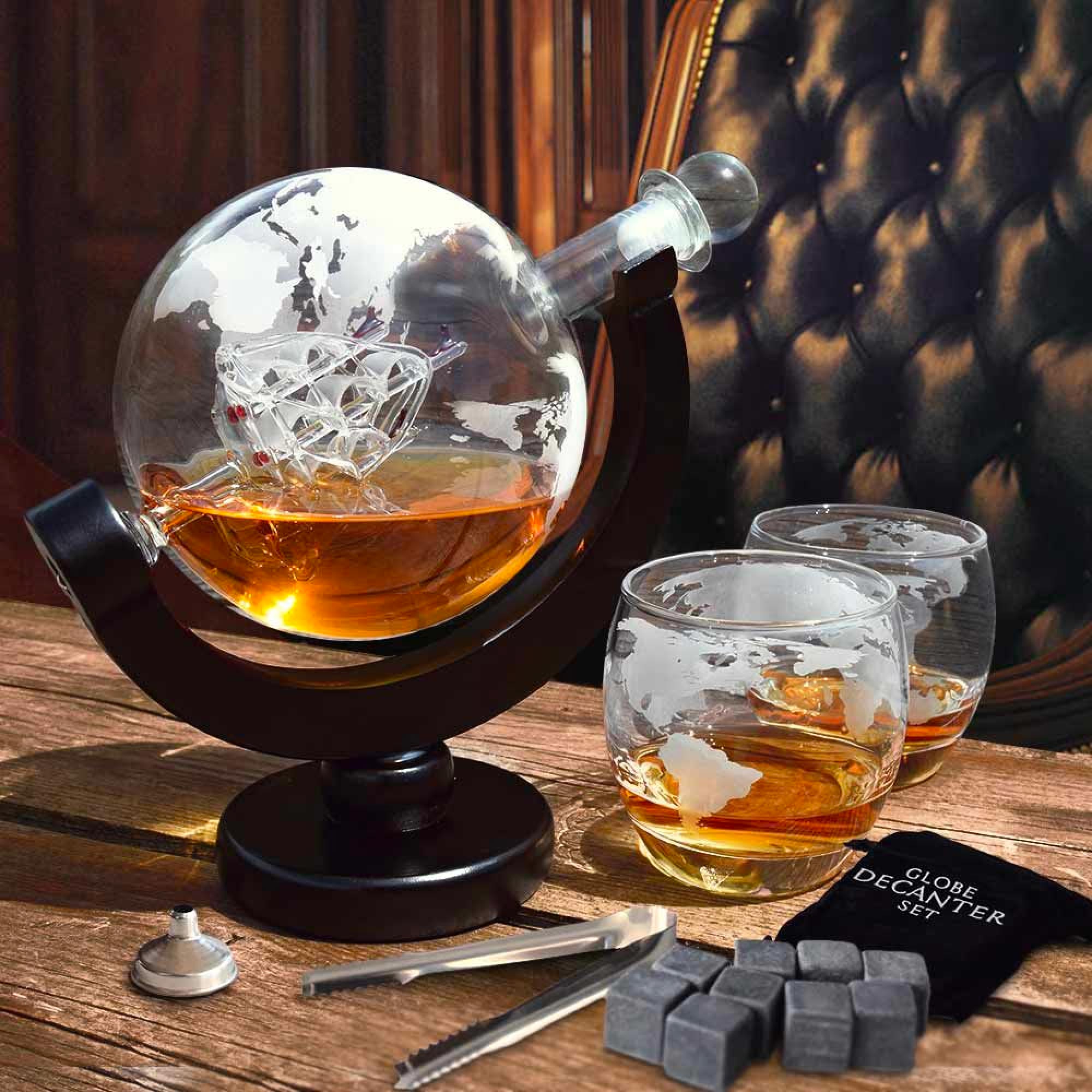 Whisky Gläser Set mit Globuskaraffe und Whiskysteine