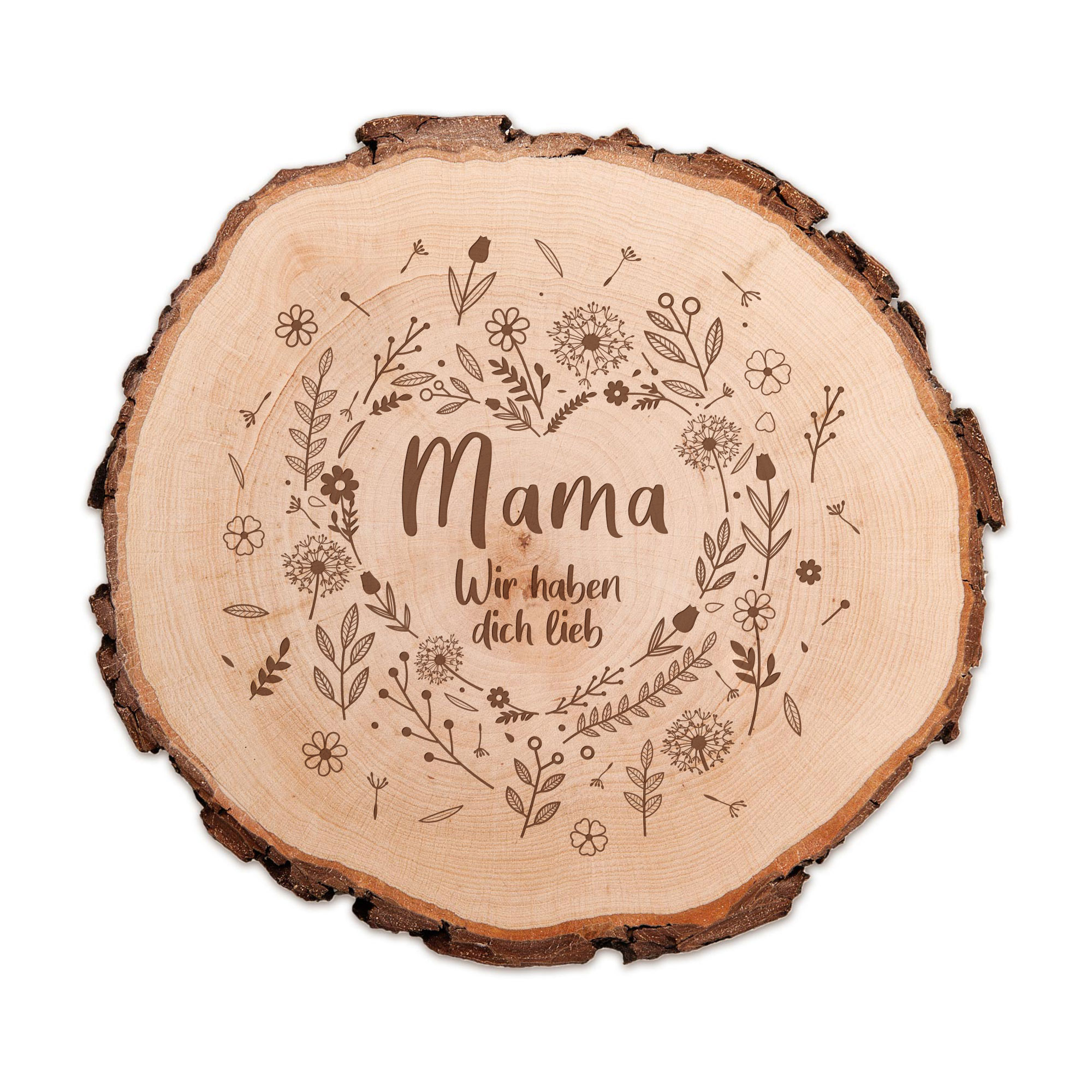 Astscheibe mit Gravur für Mama, Gravierte Holz Rundscheibe als Tischdeko, Dekoscheibe als Muttertagsgeschenk, Rundes Holzbrett mit Blumenherz Motiv