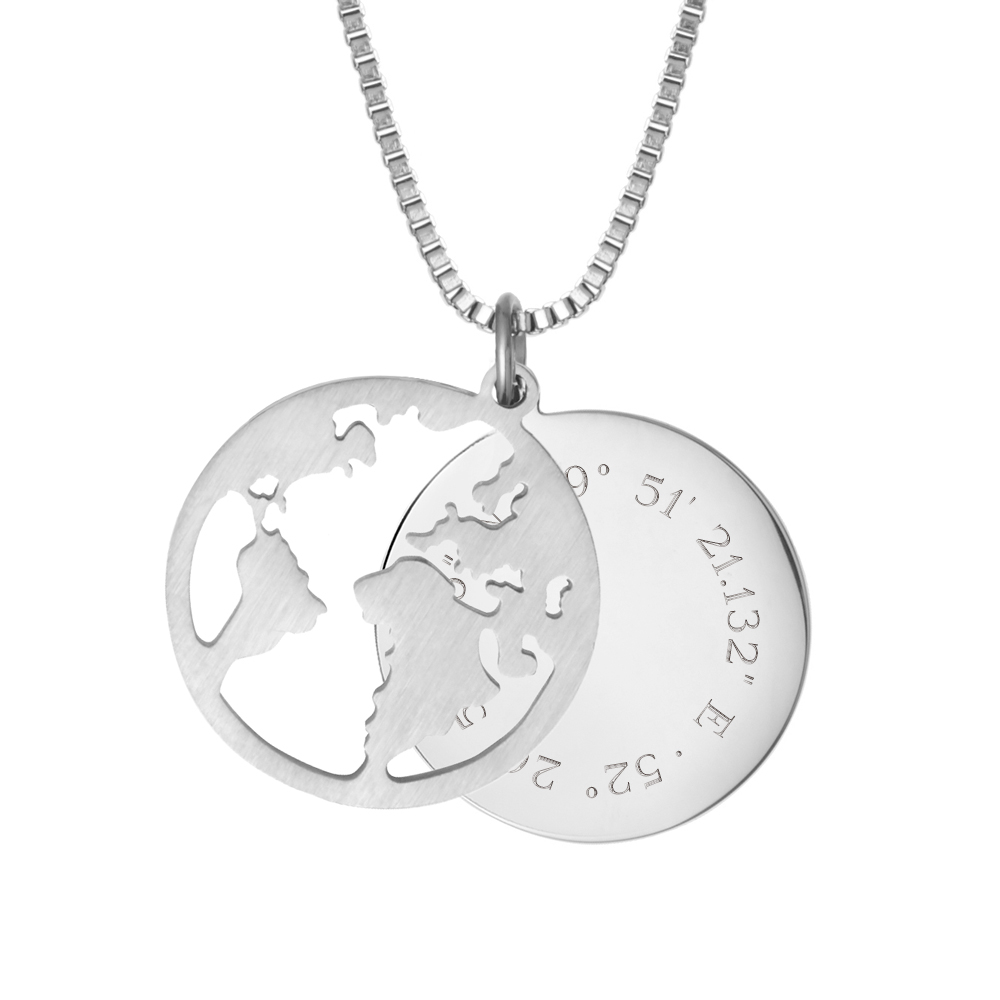Kette mit Anhänger Welt - Geokoordinaten - Silber