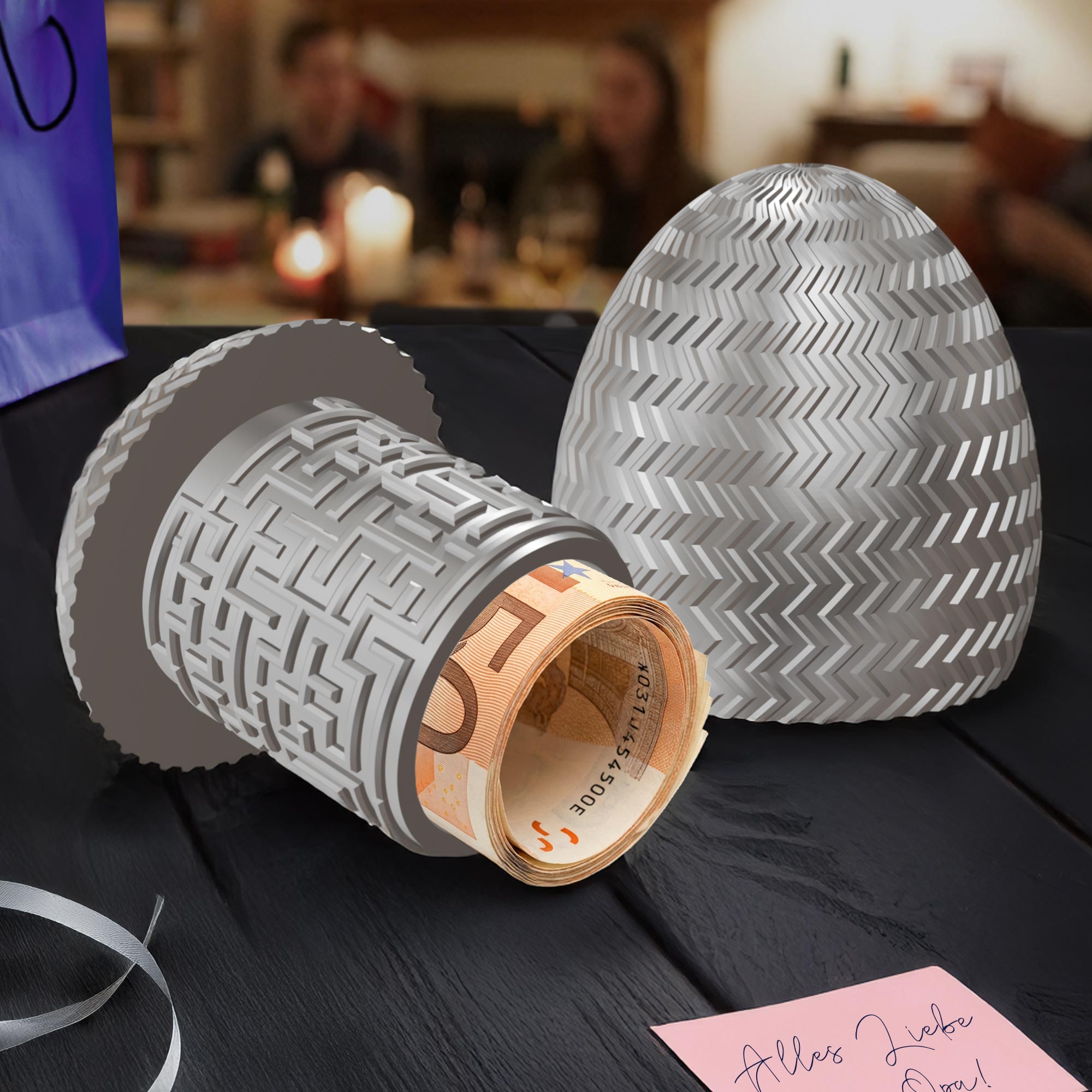 Labyrinthbox Ei in Silber – kreative Geschenkverpackung für Geld, Gutscheine & kleine Überraschungen