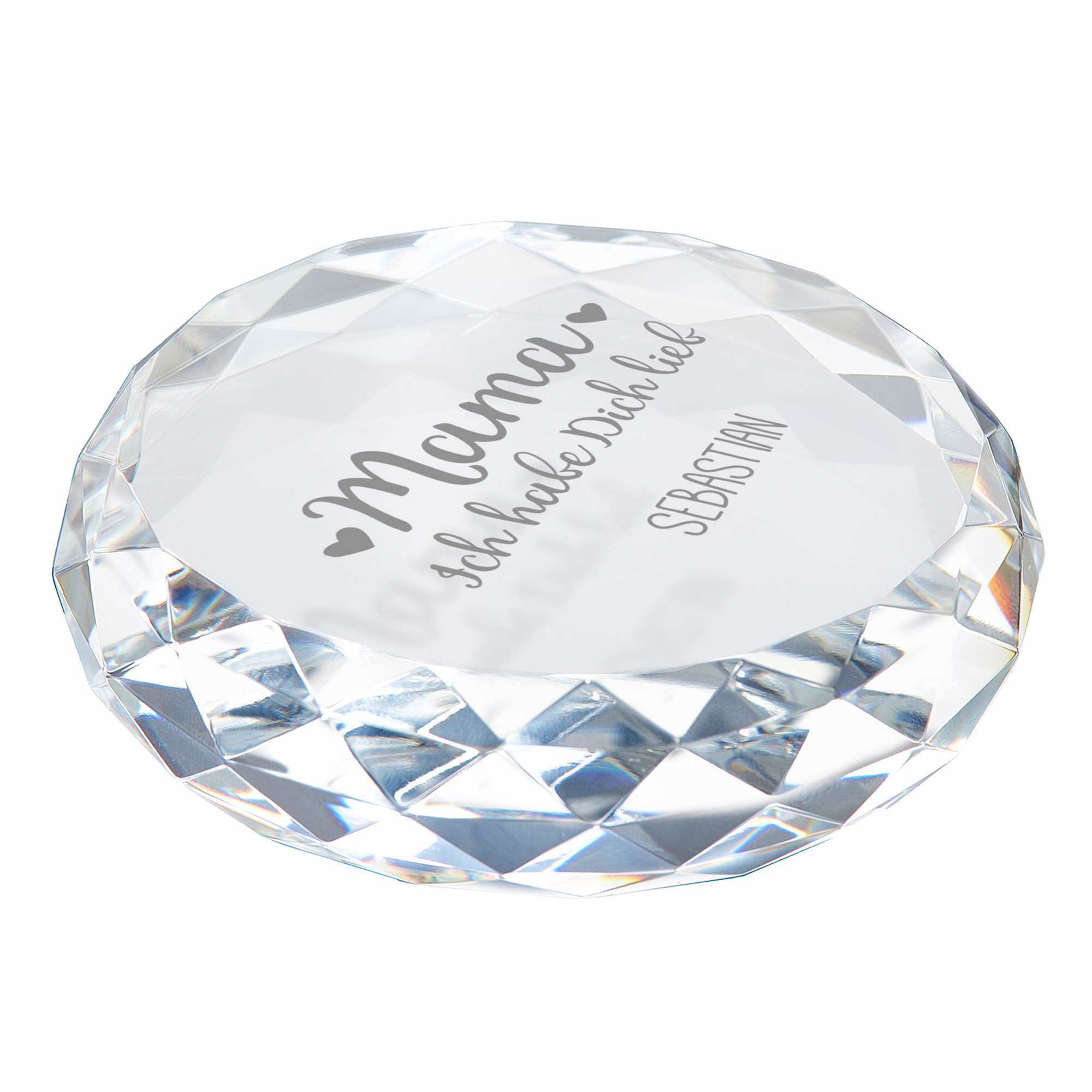 Runder Kristall als Glasdeko für Mama, Personalisierter Diamantkristall für die Mutter mit Namensgravur der Kinder, Glasdiamant als Muttertagsgesche