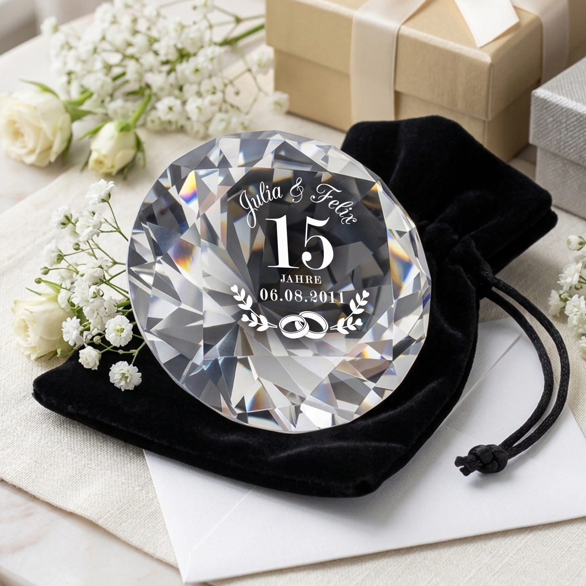 Diamant Kristall mit Gravur und Samtsäckchen - Kristallhochzeit