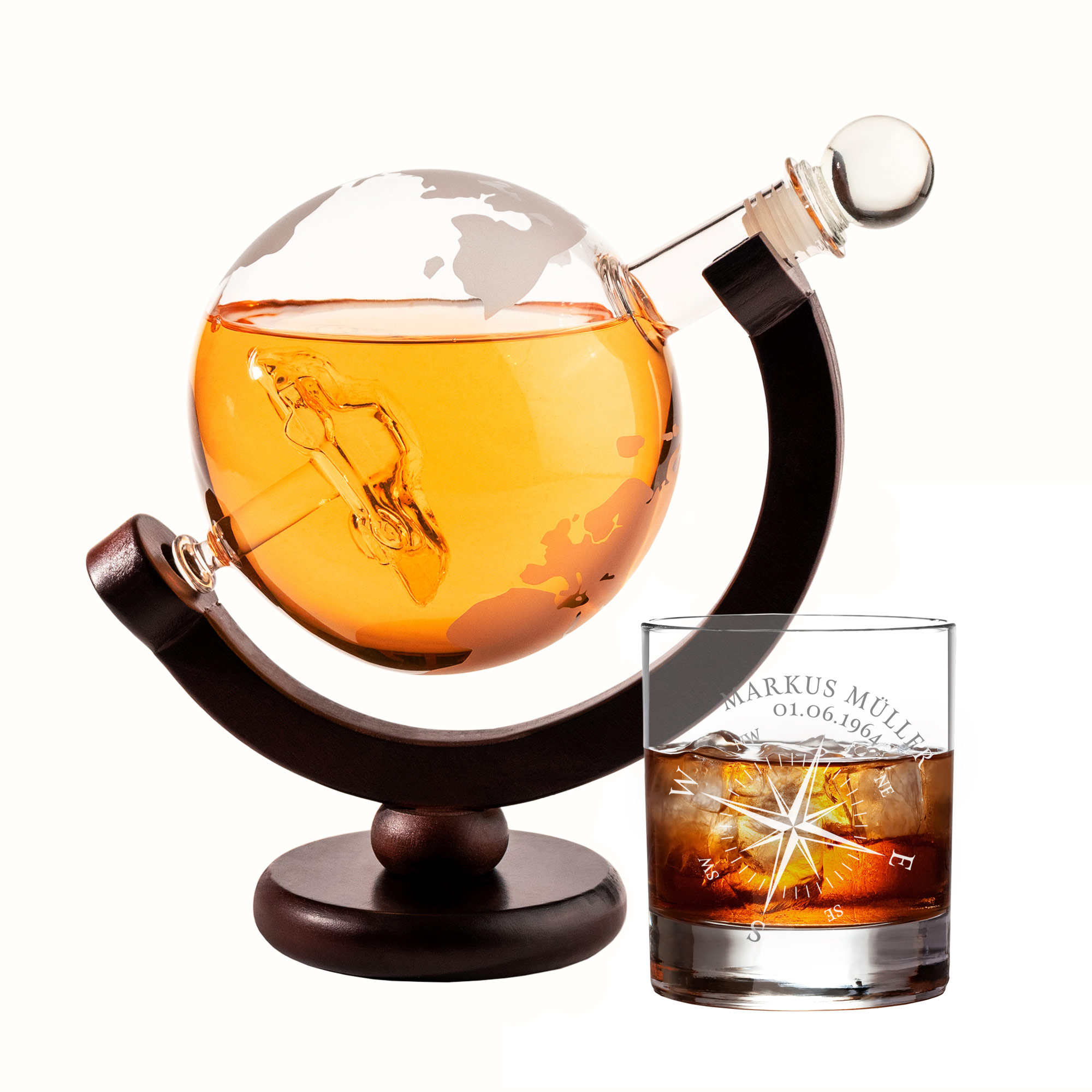 Whiskyset Globus Karaffe und gravierter Tumbler, Whiskyset Globus Karaffe und gravierter Tumbler, Whiskyglas,, whiskyset