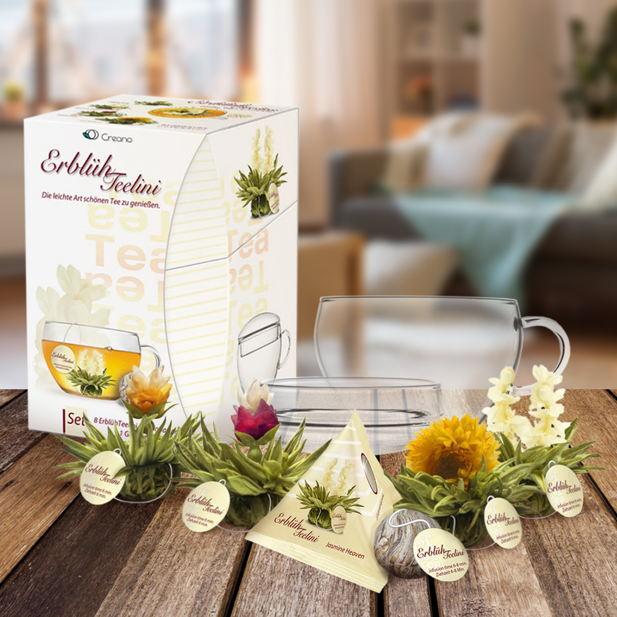 Weiße Erblüh-Teelini mit Tasse Weiße Erblüh-Teelini mit Tasse