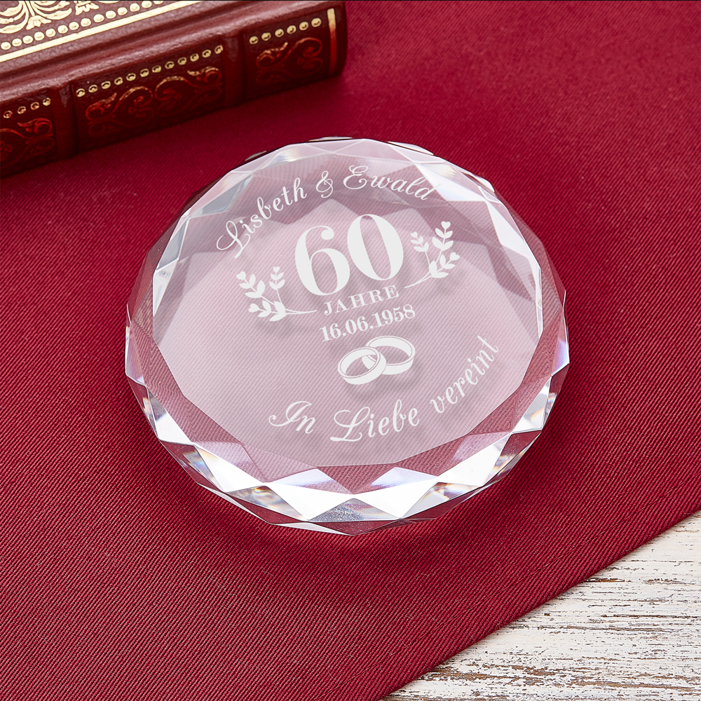 Runder Kristall aus Glas mit Gravur zur Diamantenen Hochzeit Runder Kristall aus Glas mit Gravur zur Diamantenen Hochzeit