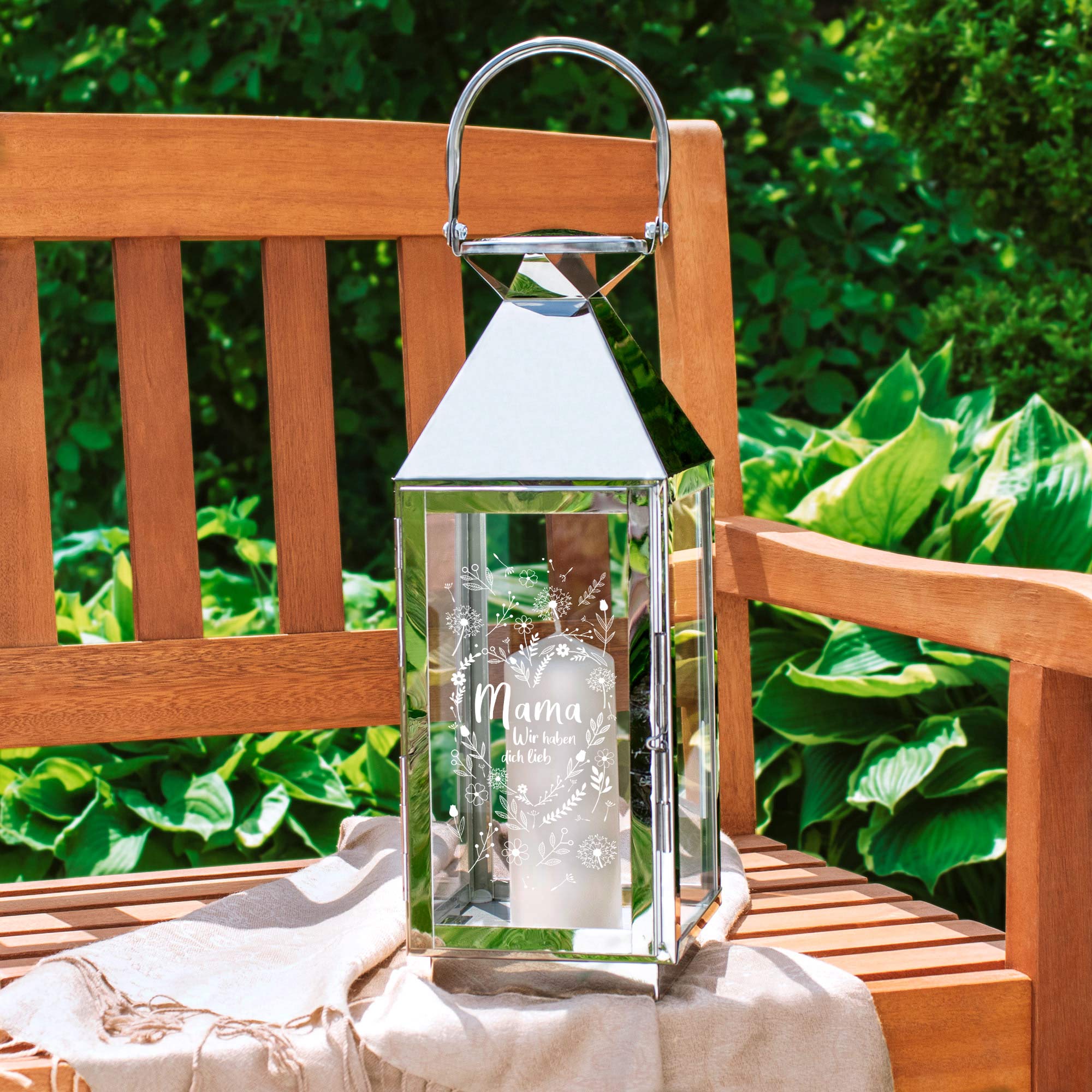Silber Laterne für Mama - Windlicht mit Blumenherz Gravur 5