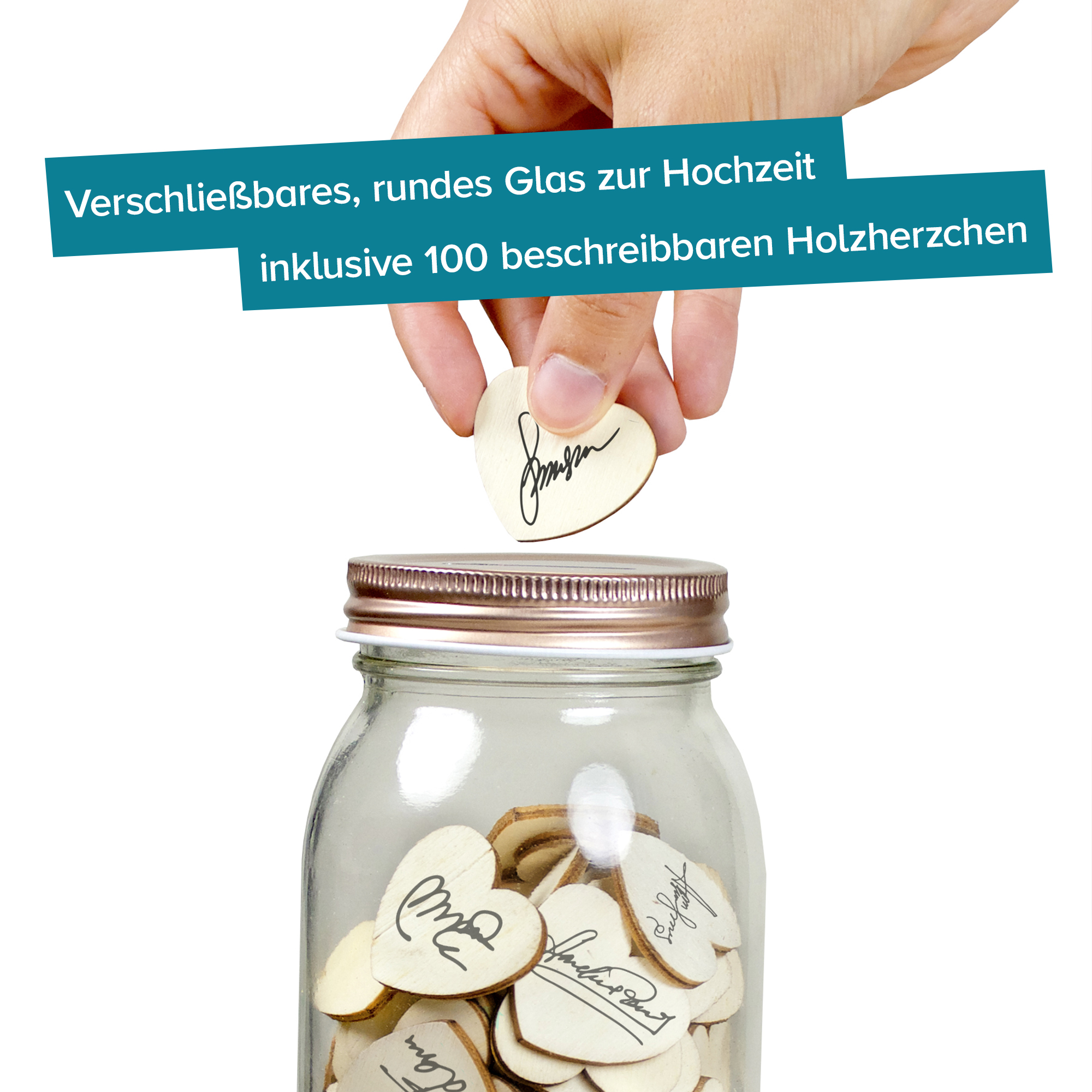 Hochzeitsgästebuch - Glas mit 100 Herzen zum Beschriften