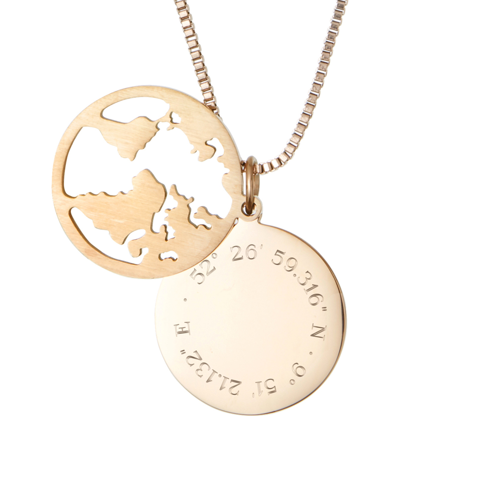 Kette mit Anhänger Welt - Geokoordinaten - Gold