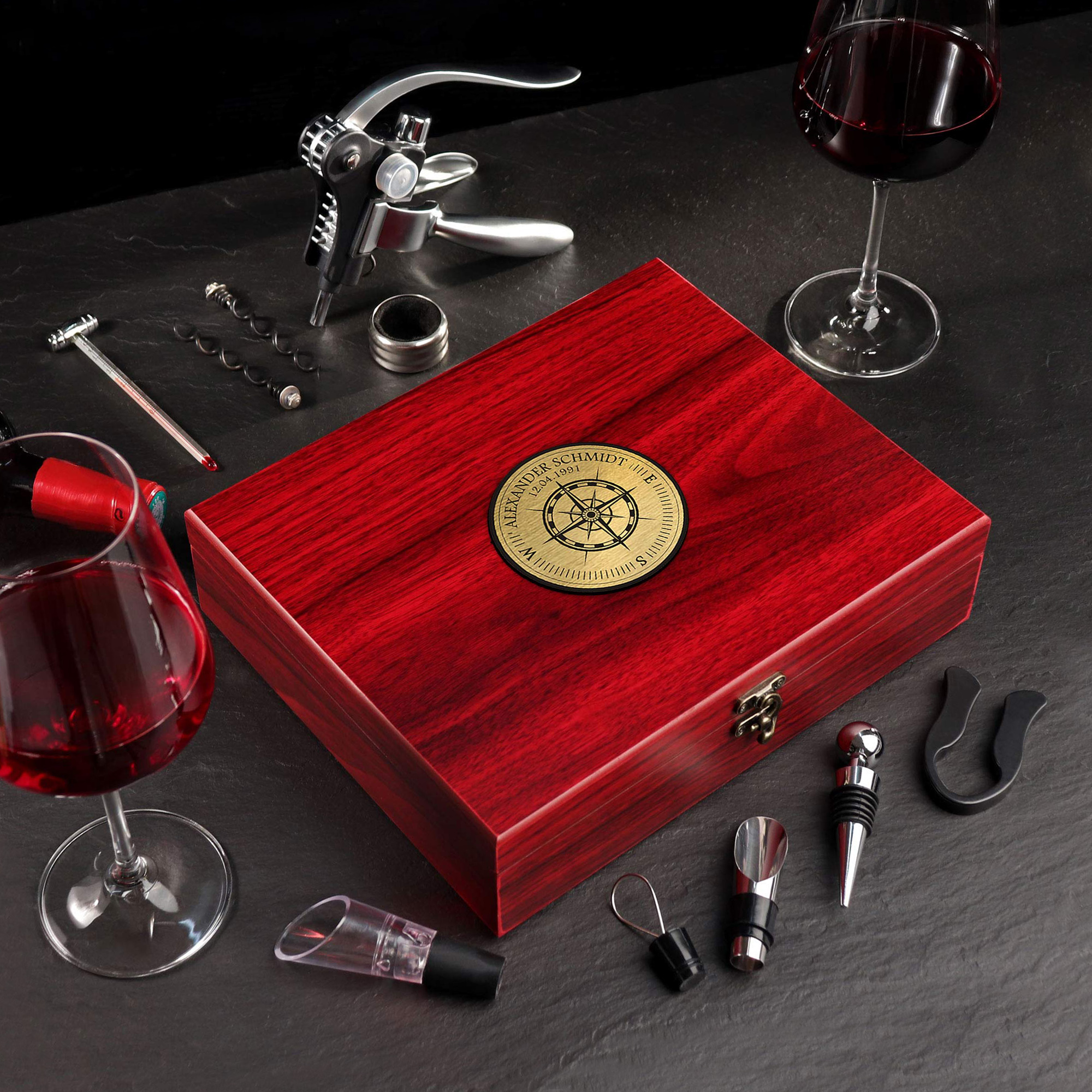 Weinsommelier Geschenkset mit Kompass Gravur - 10-teilig Weinsommelier Geschenkset mit Kompass Gravur - 10-teilig 2