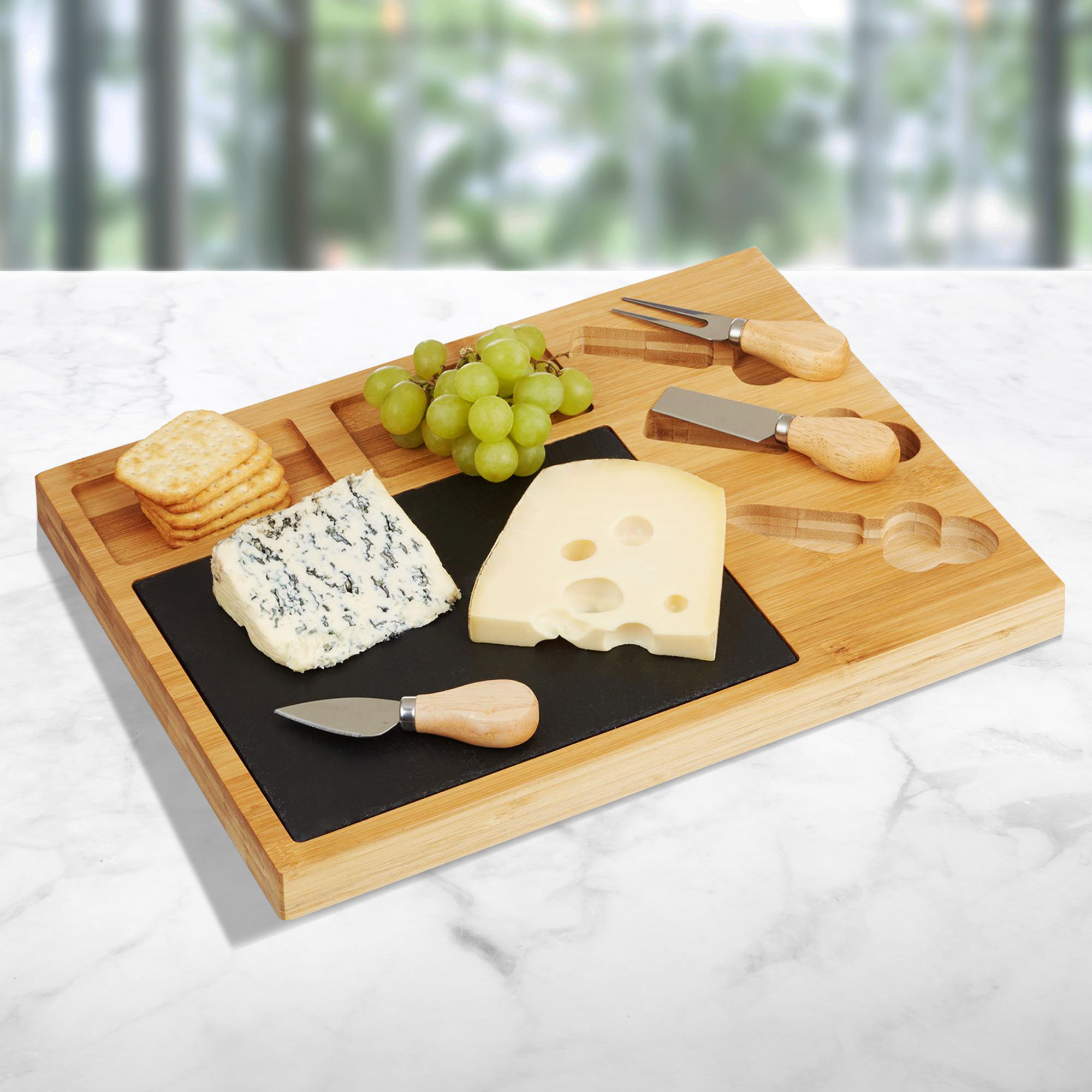 Käsemesser Set mit Käseplatte, Käseset mit Messern und Servierbrett, Charcuterieplatte als Käseschneidebrett, Service Set inklusive Käsemessern