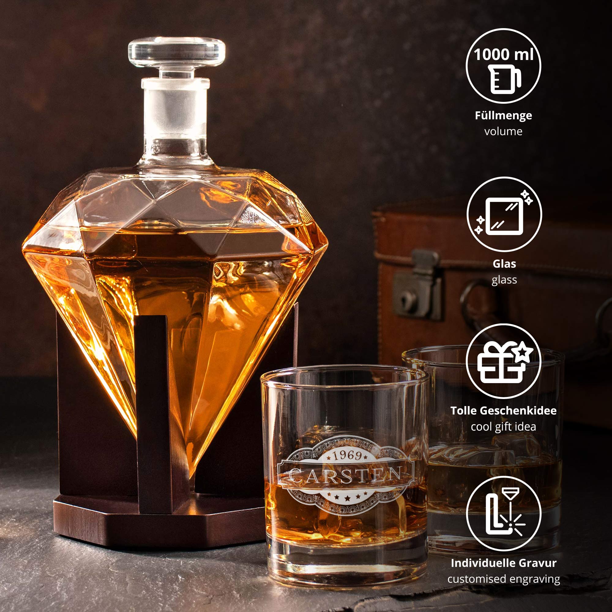 Whiskyset - Whiskykaraffe Diamant - graviertes Whiskyglas 3