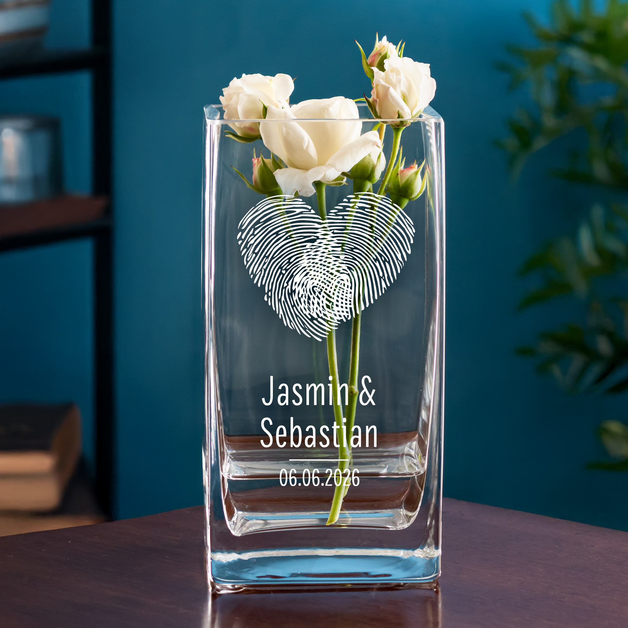 Eckige Vase mit Gravur - Fingerabdruck Herz
