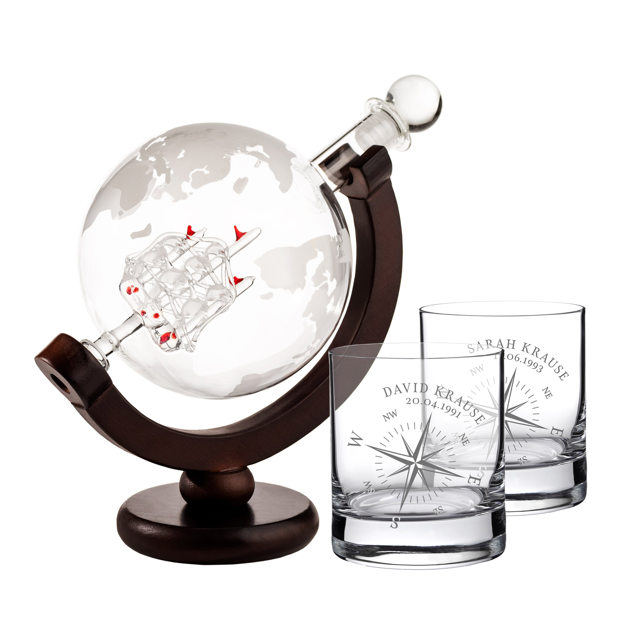 Set - Whiskykaraffe Globus - Zwei Whiskygläser mit Gravur - Kompass - personalisiert