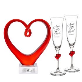 Hochzeitsset - 2 Sektgläser mit roten Herzen und Glasherz mit Gravur