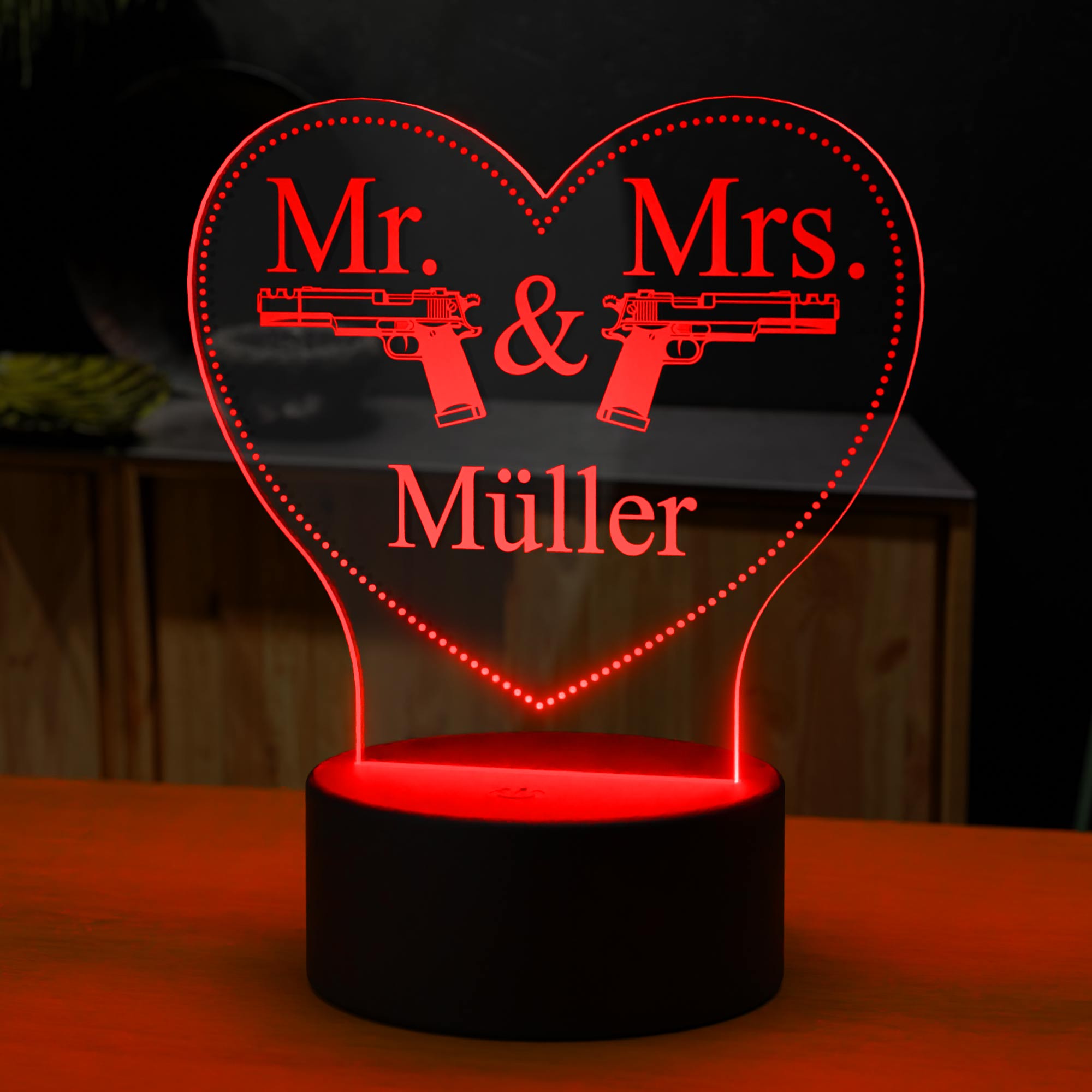 Modernes Herz Mr & Mrs Dekolicht - LED Lampe mit Gravur