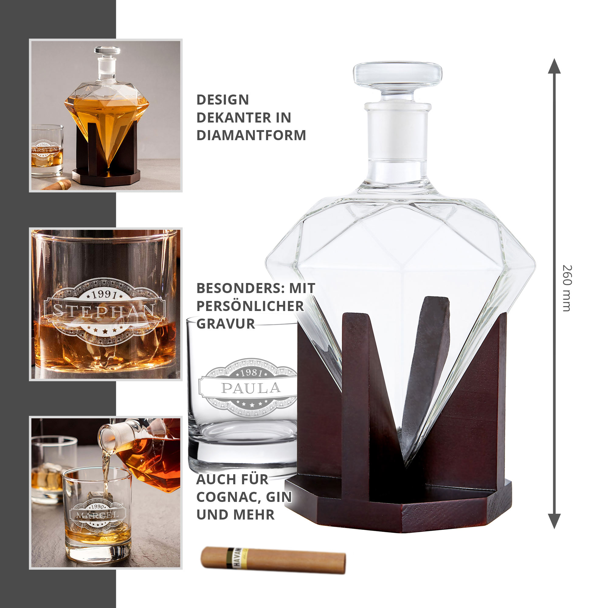 Whiskyset - Whiskykaraffe Diamant - graviertes Whiskyglas 1