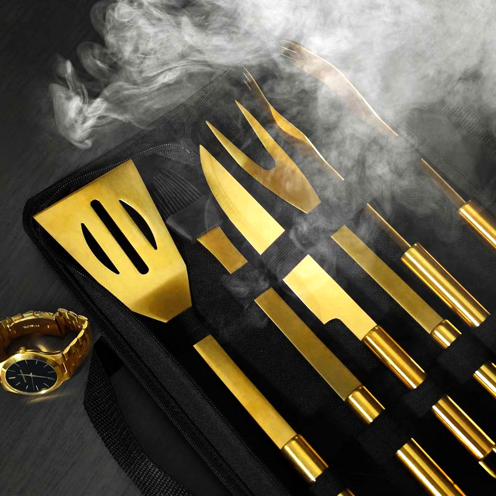 Goldenes Grillbesteck - 5-teiliges Grillset Deluxe Goldenes Grillbesteck - 5-teiliges Grillset Deluxe 6