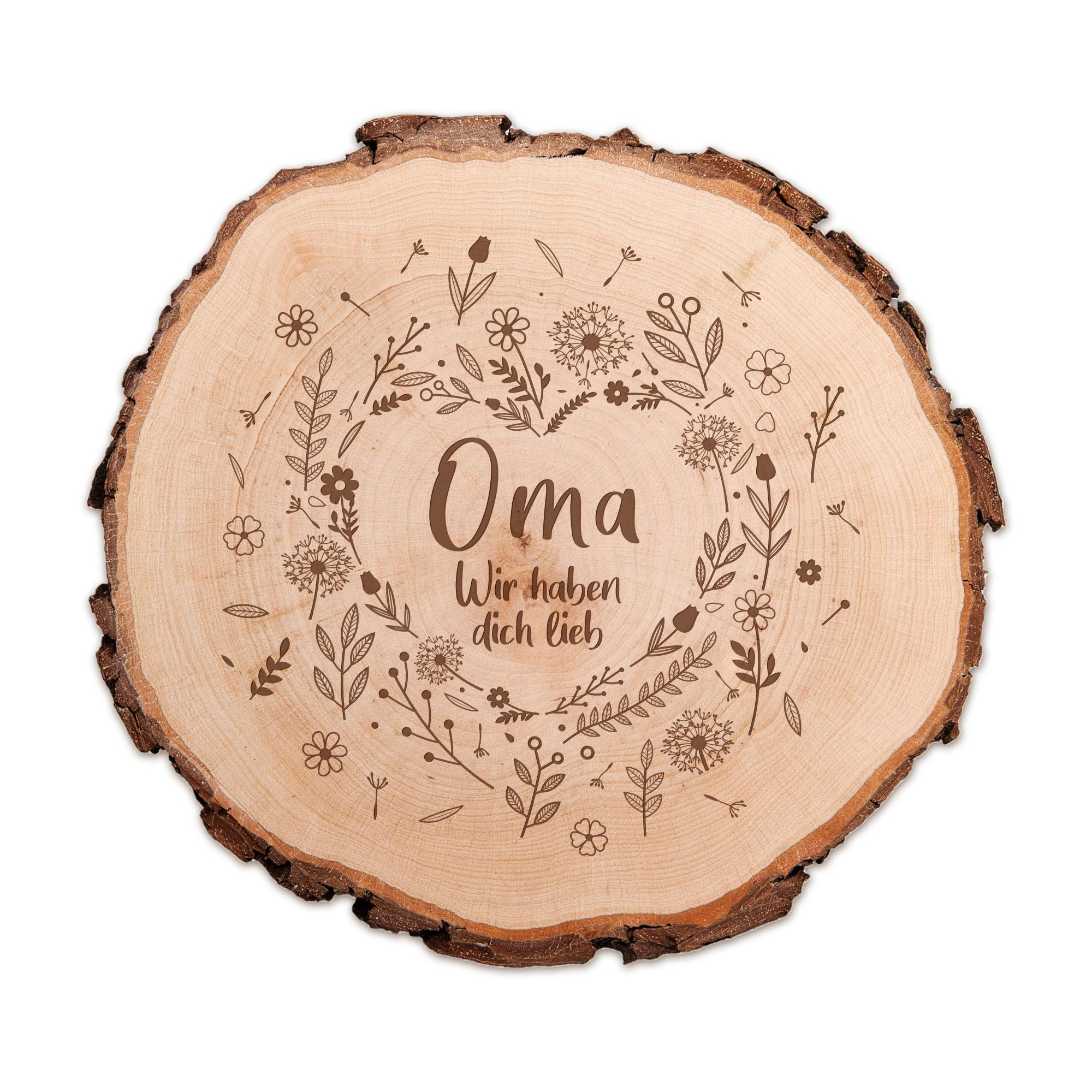 Holz Dekoscheibe mit Gravur für Oma, Rindenscheibe als Geschenkidee für Oma, Rundscheibe mit Blumenherz Motiv, Natürliche Astscheibe mit Rinde