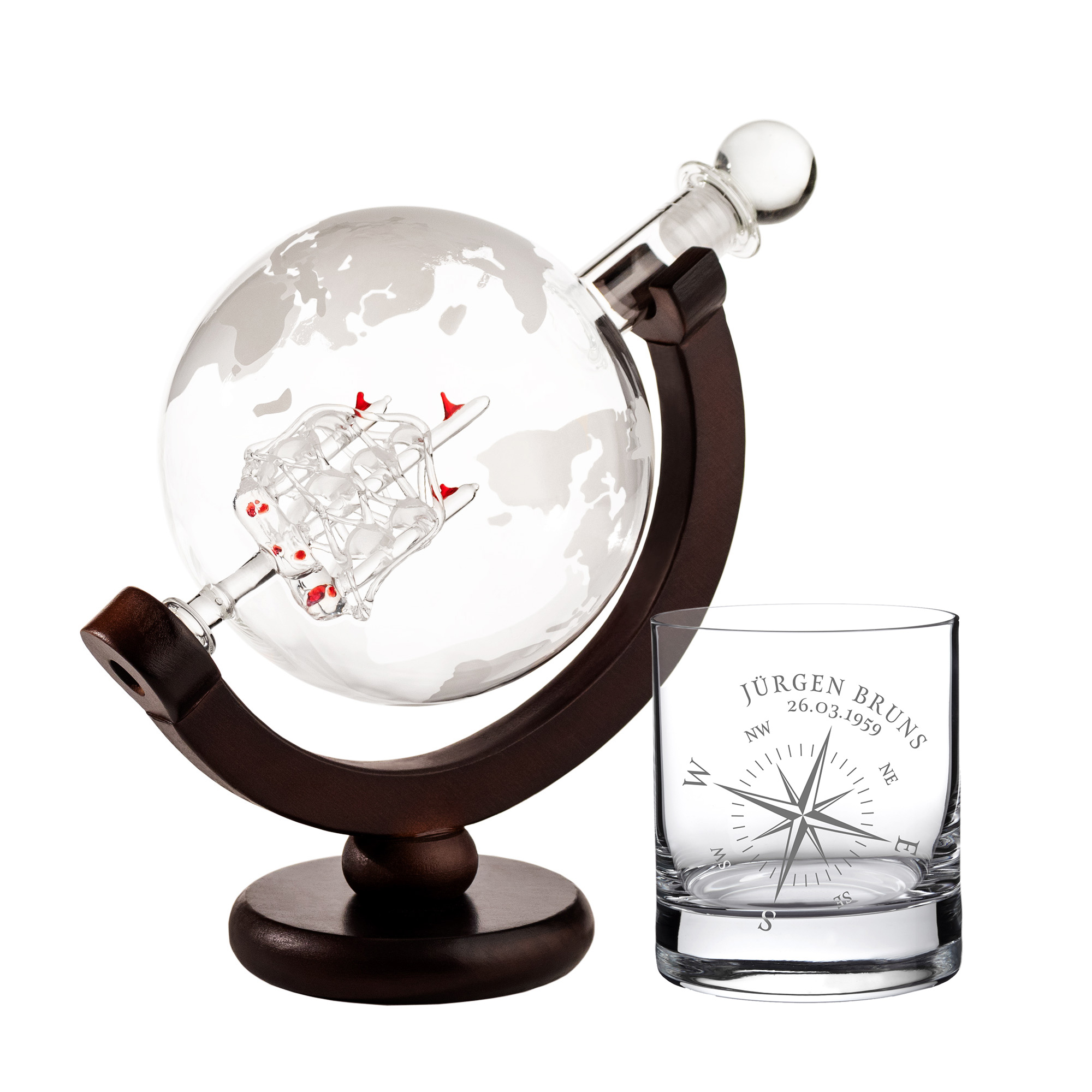 Whiskyset Karaffe Globus - graviertes Whiskyglas - Kompass