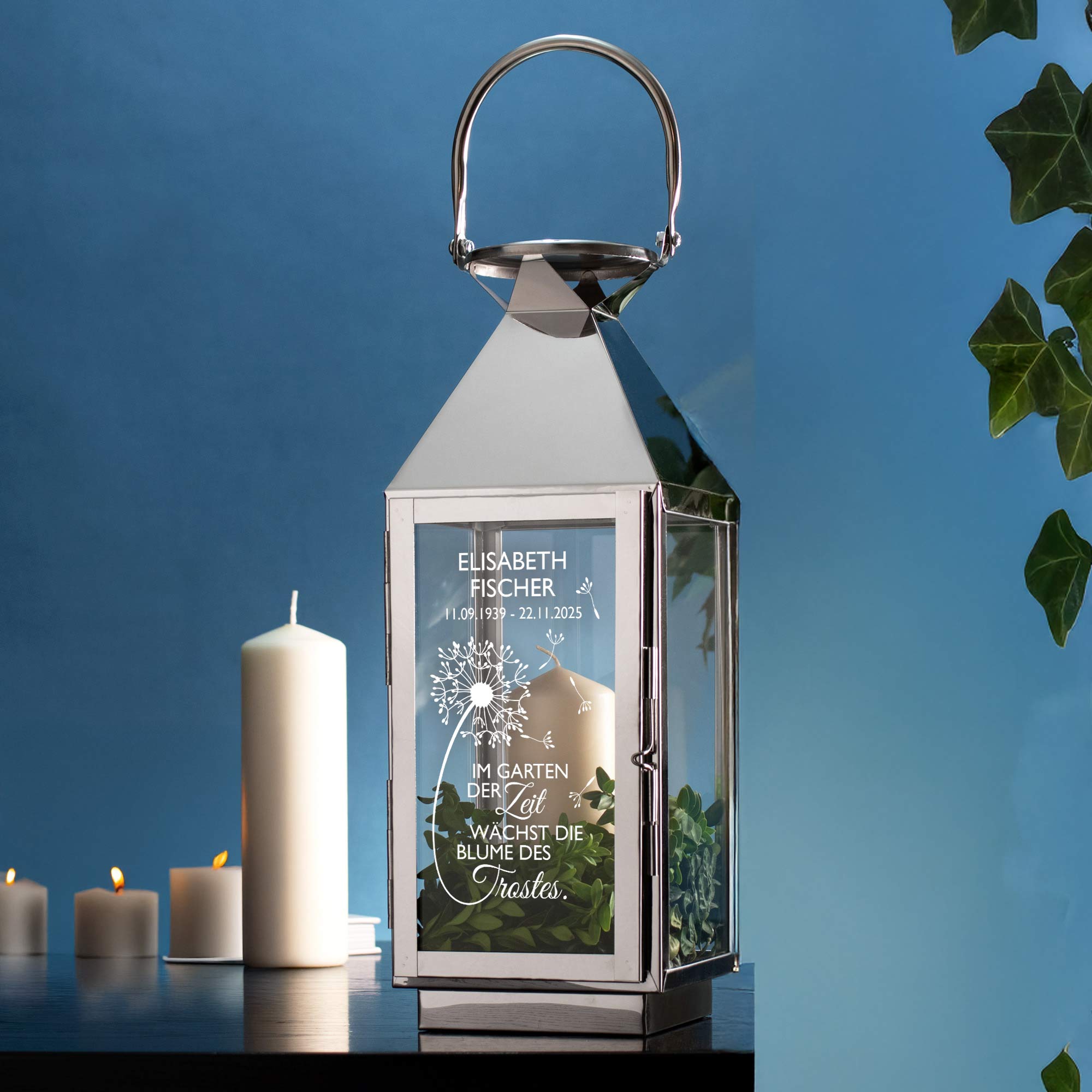 Silber Laterne mit Gravur - Trauerblume
