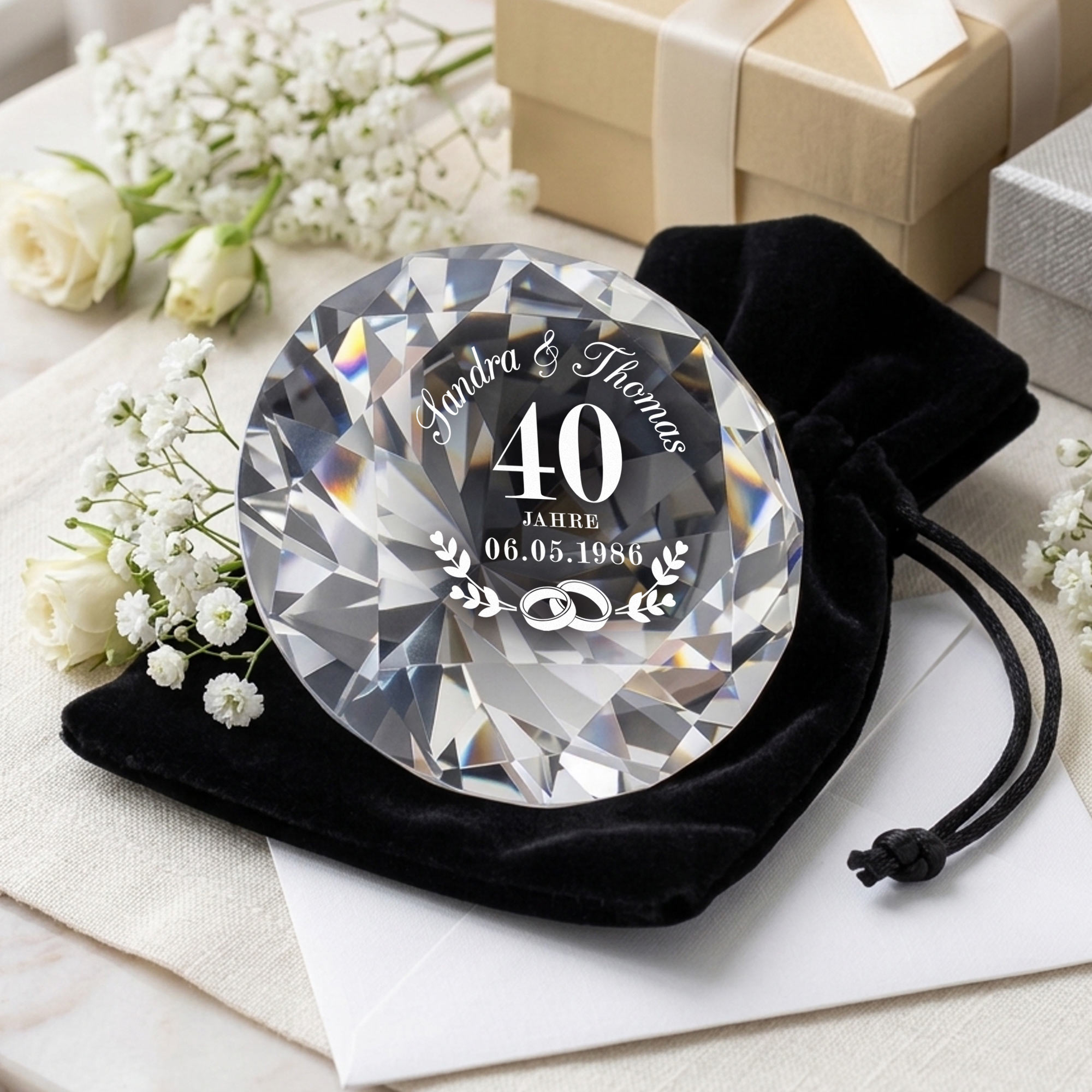 Diamant Kristall mit Gravur und Samtsäckchen - Rubinhochzeit