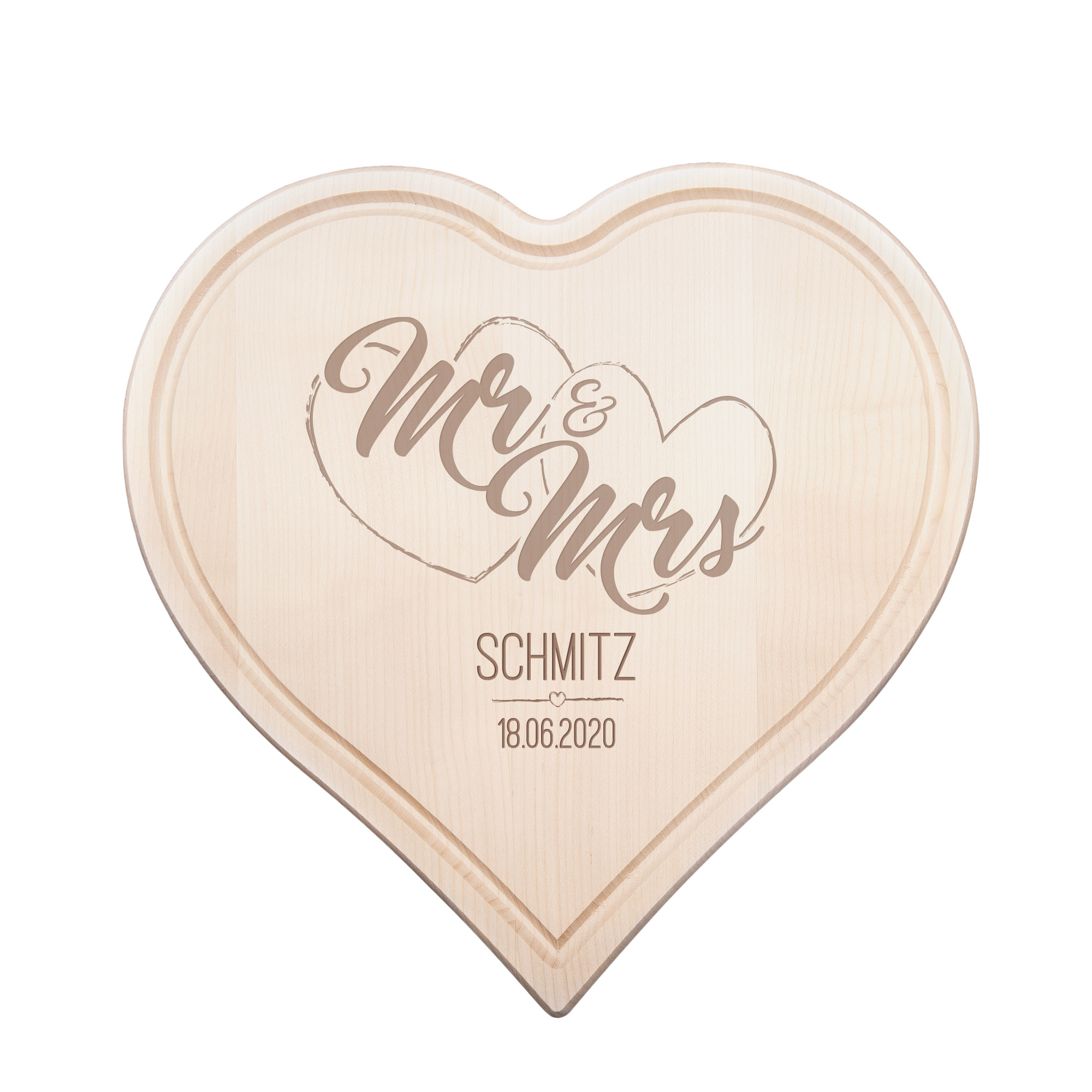Schneidebrett in Herzform Mr & Mrs, Schneidebrett aus Holz, Hochzeitsgeschenk, Holzbrett mit Gravur