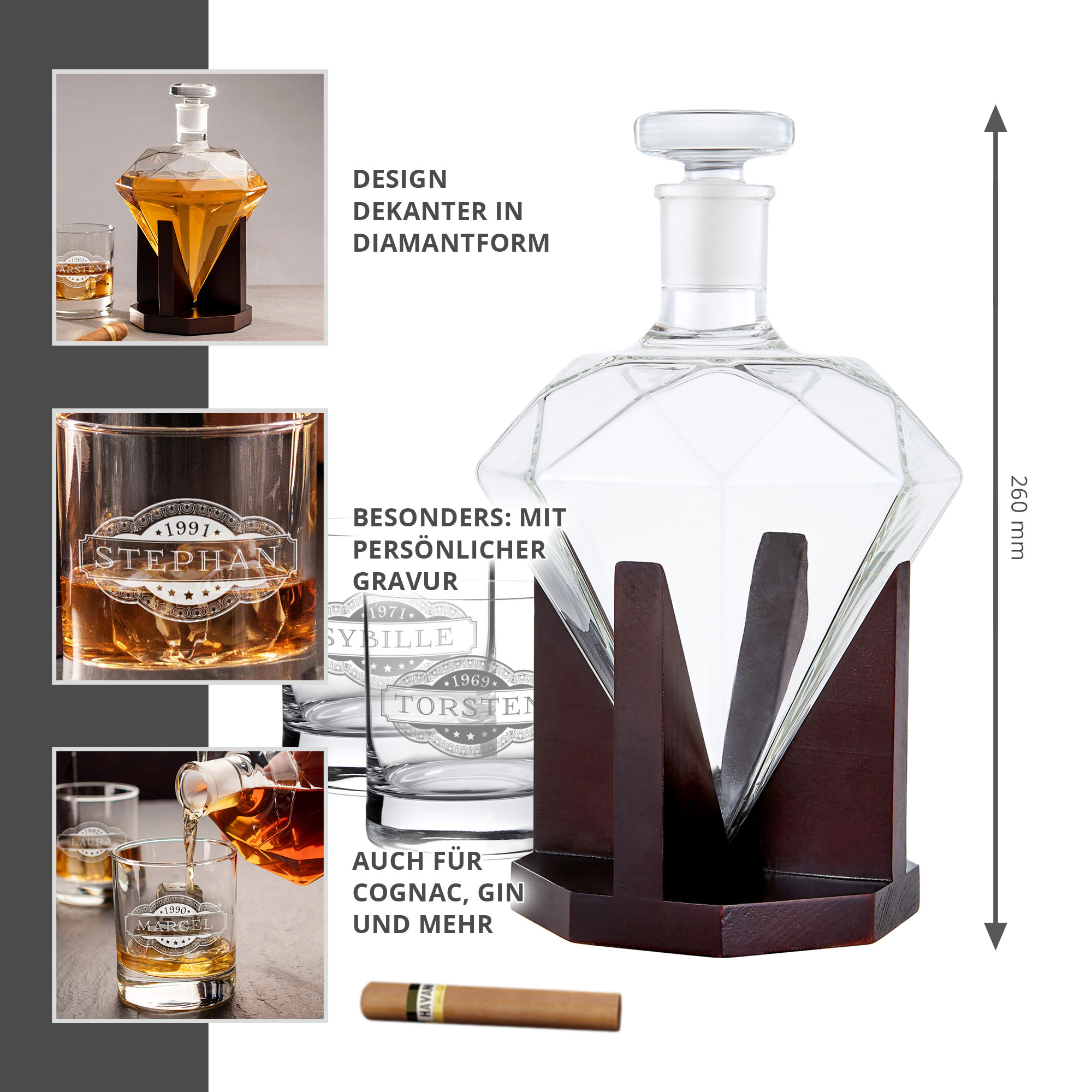 Whiskyset - Whiskykaraffe Diamant - 2 Whiskygläser mit Gravur