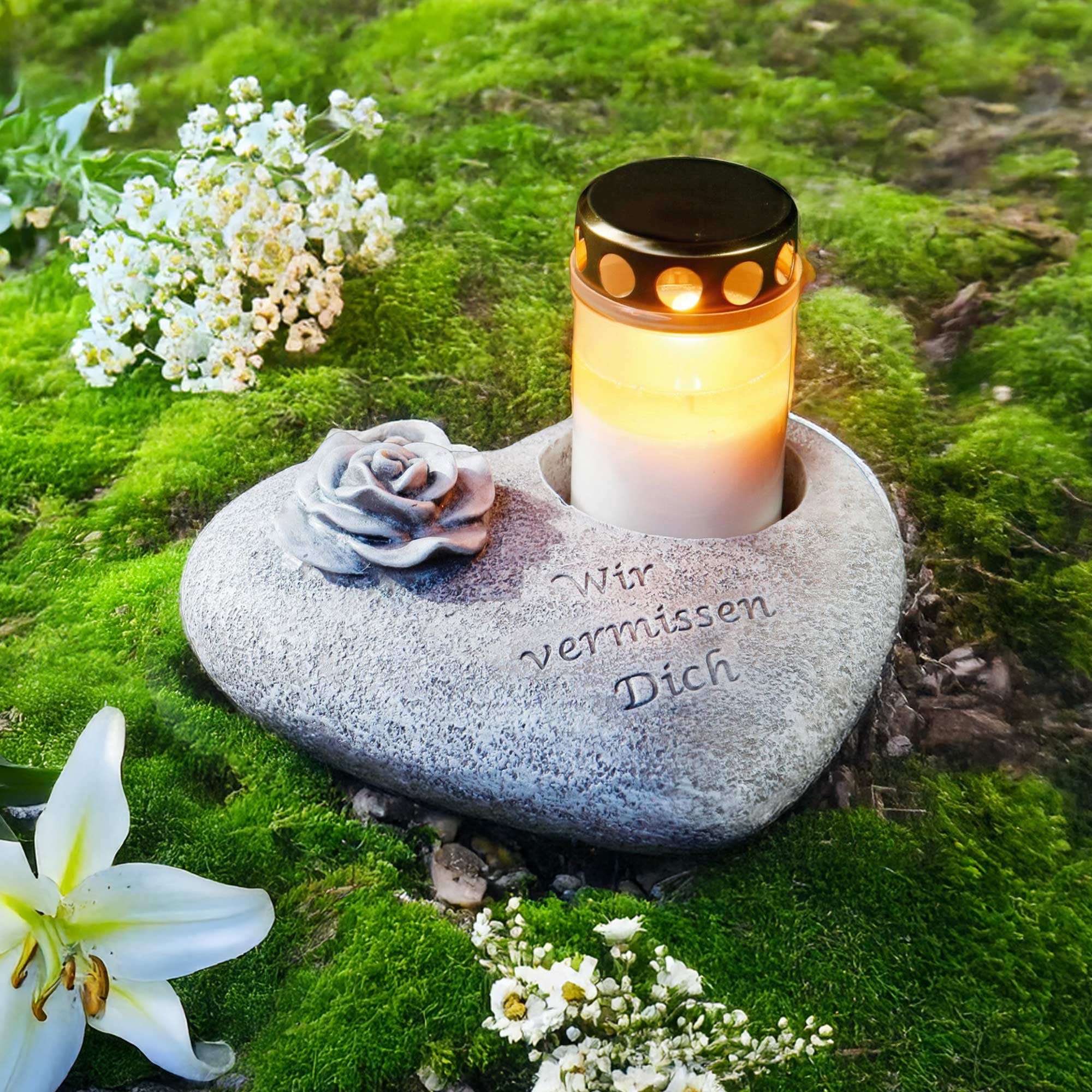Grabschmuck Trauerherz für Grabkerzen - Wir vermissen Dich