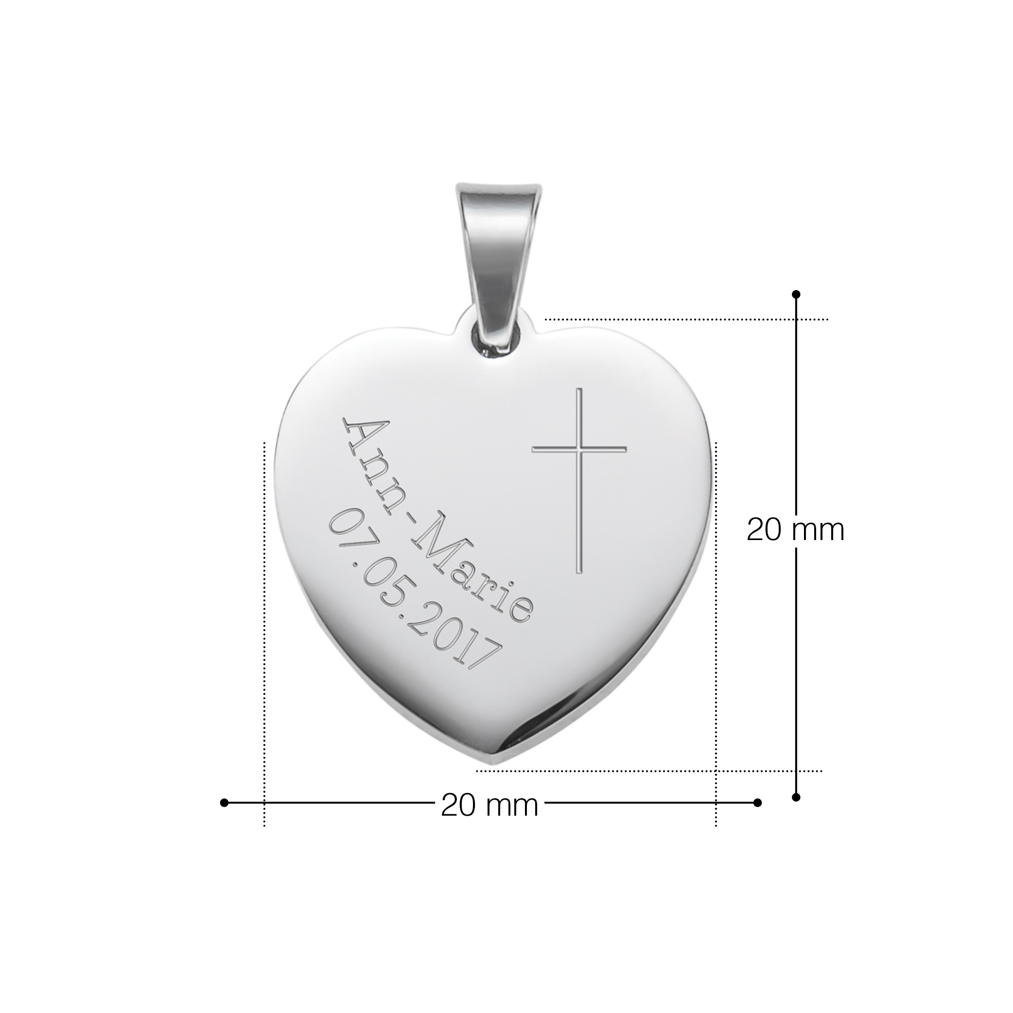 Kette mit Herz-Anhänger - Kreuzkette mit Gravur Kreuz und Datum - Silber