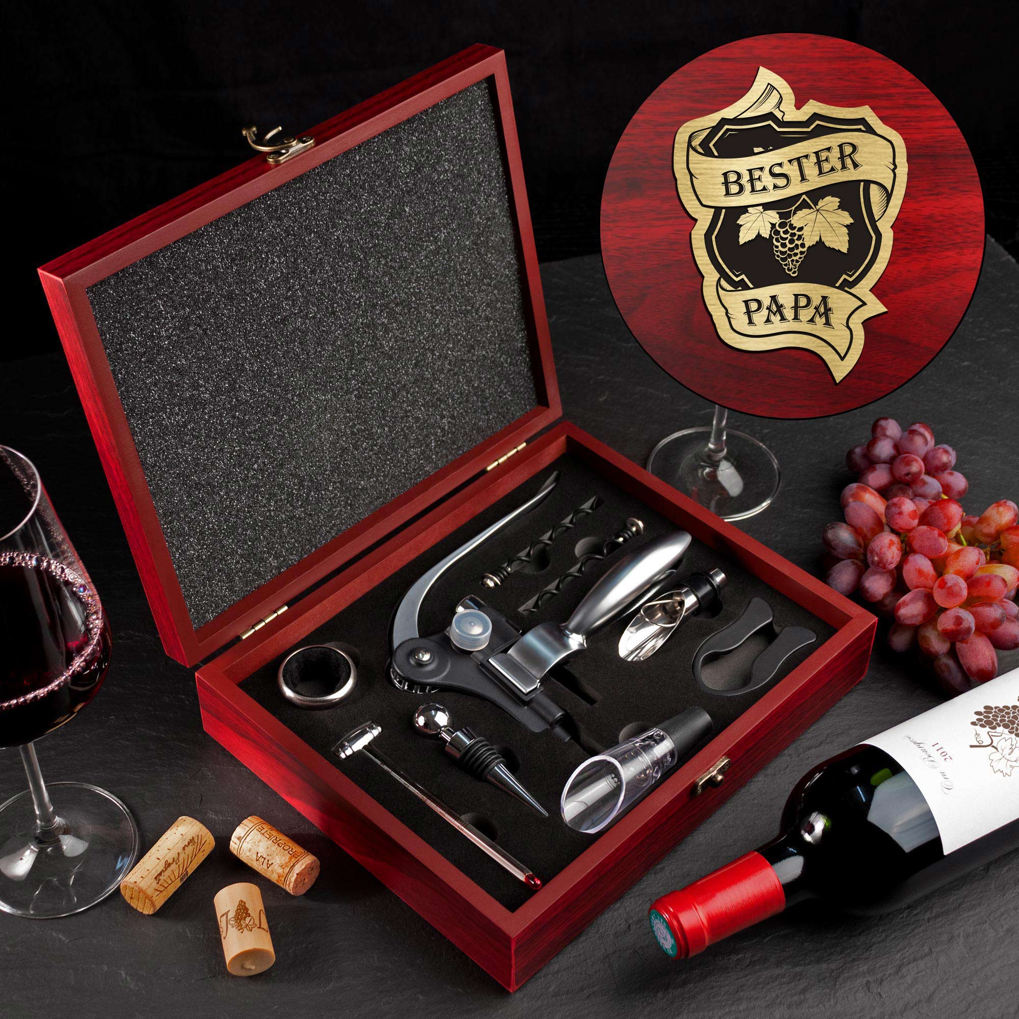 Weinsommelier Geschenkset mit Gravur - Bester Papa Weinsommelier Geschenkset mit Gravur - Bester Papa 1