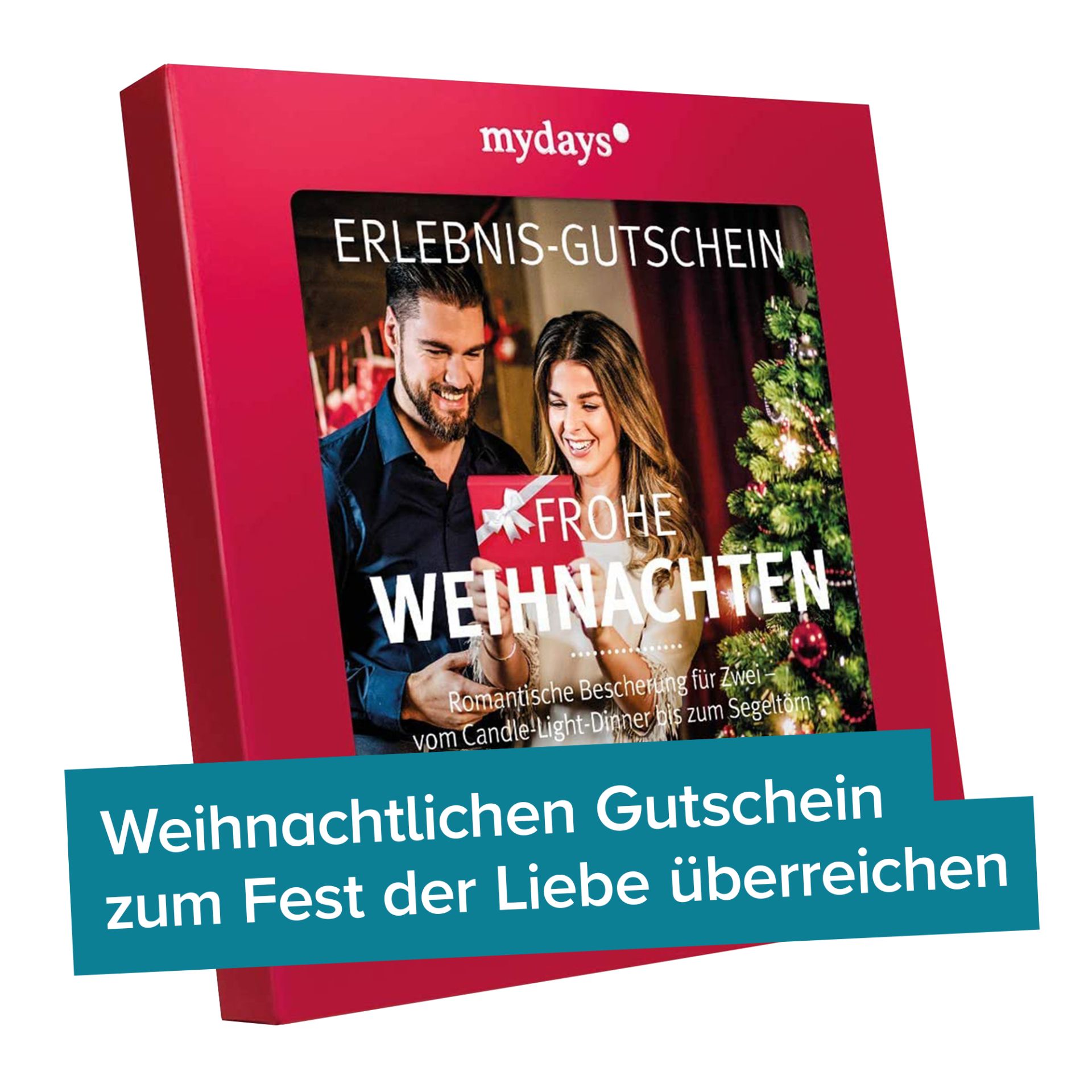 Erlebnisgutschein in roter Geschenkbox Frohe Weihnachten