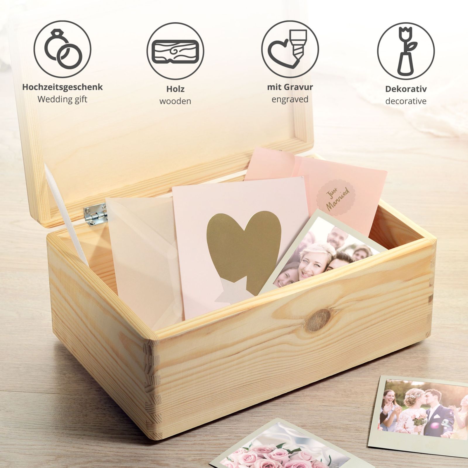 Holz Erinnerungsbox zur Hochzeit Geschenkbox mit Gravur