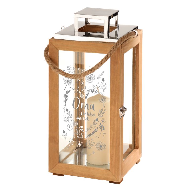 Deko Holz Laterne für Oma Windlicht mit Blumenherz Gravur